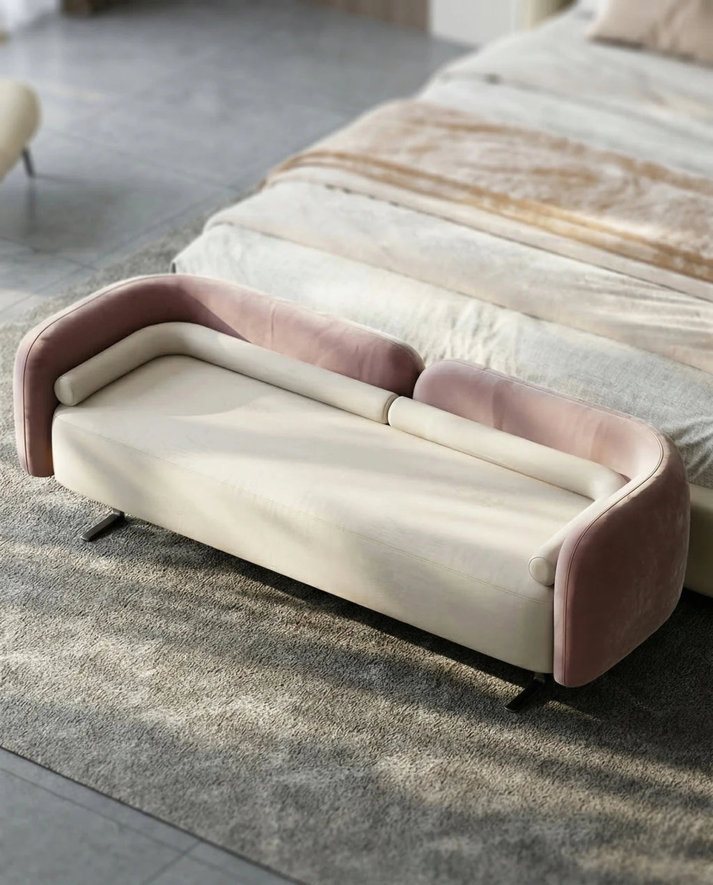 Beautiful premium two tone velvet bed end bench crafted by Arris Concepts Luxury Pvt. Ltd.