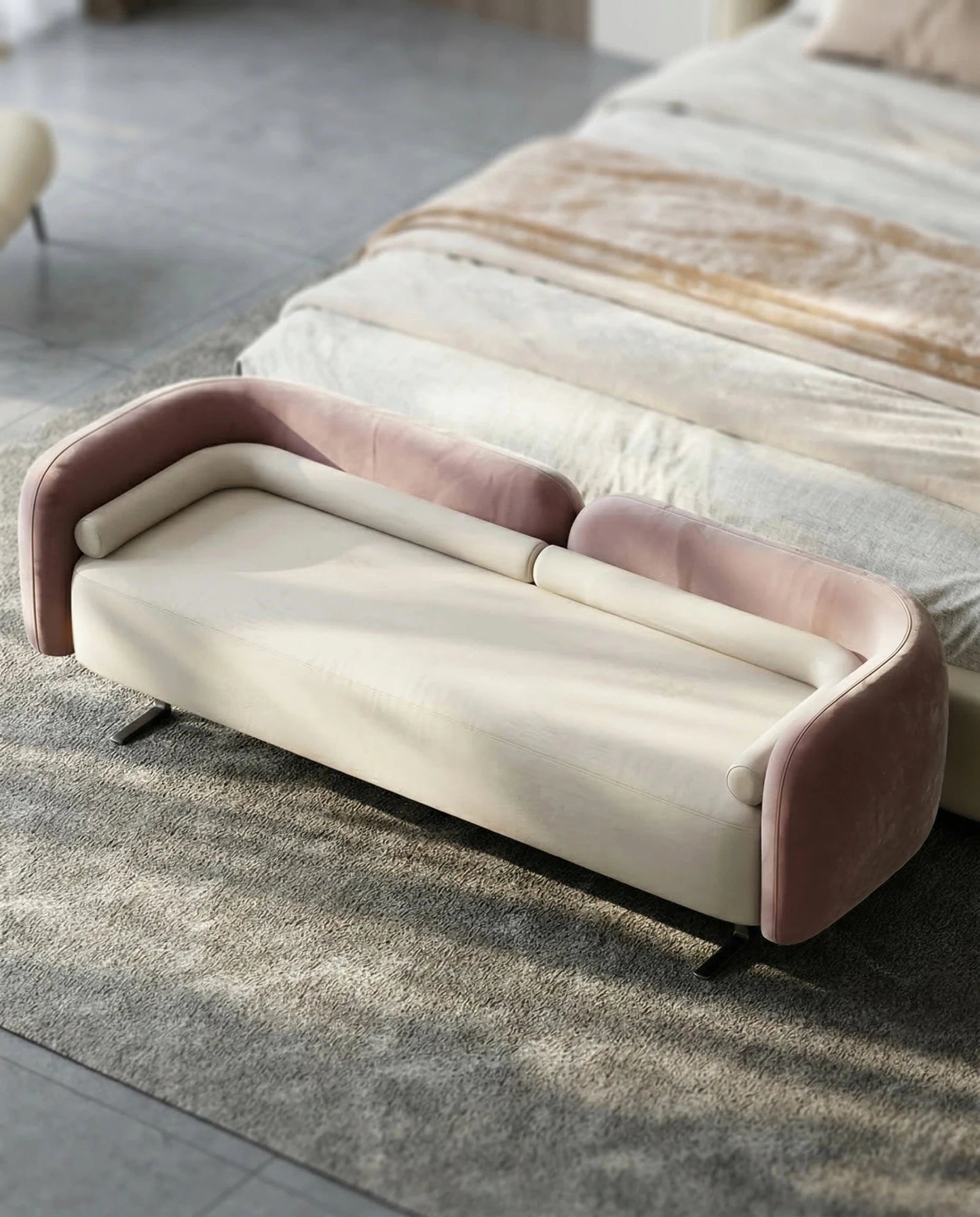 Beautiful premium two tone velvet bed end bench crafted by Arris Concepts Luxury Pvt. Ltd.