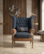 Heritage Tufted Navy & Leather Wingback Chair Arris Concepts