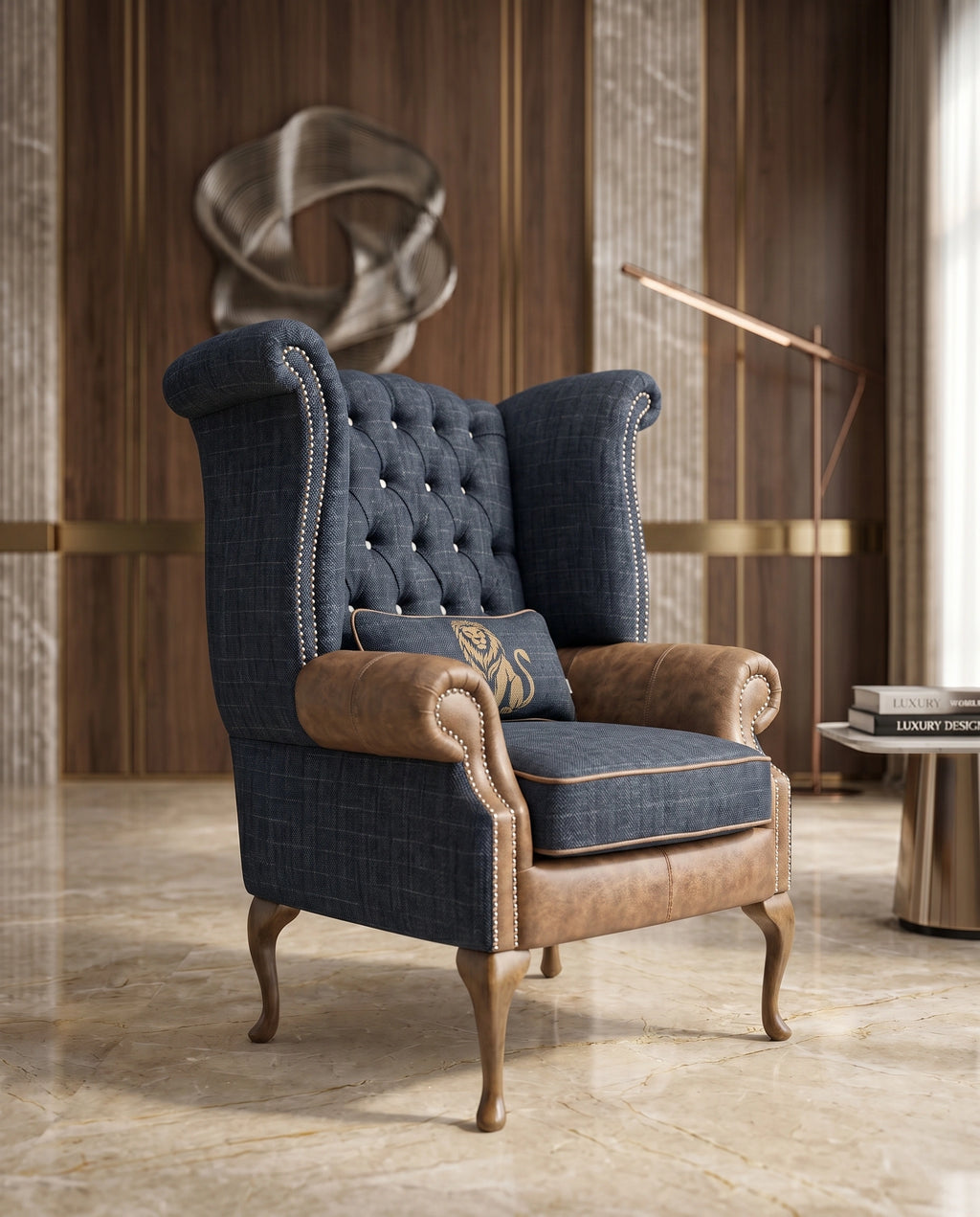 Heritage Tufted Navy & Leather Wingback Chair Arris Concepts