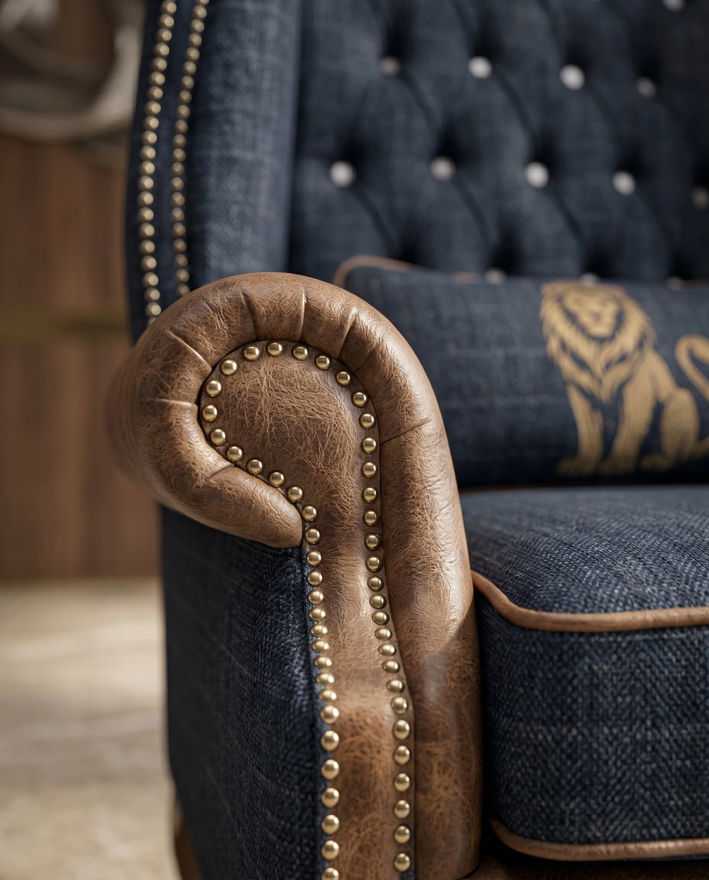 Heritage Tufted Navy & Leather Wingback Chair Arris Concepts