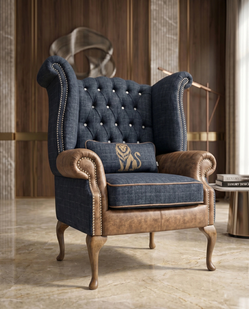 Heritage Tufted Navy & Leather Wingback Chair Arris Concepts