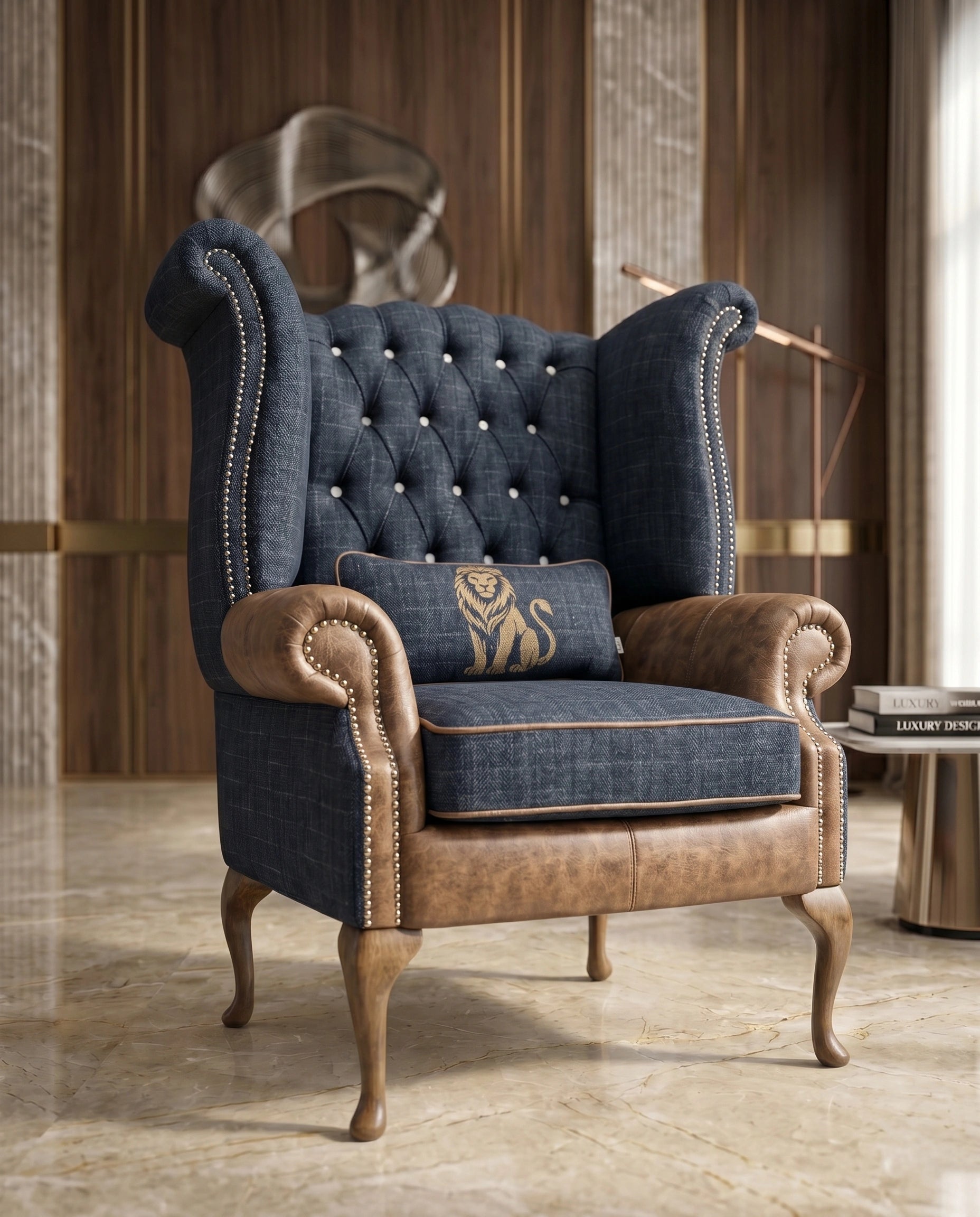 Heritage Tufted Navy & Leather Wingback Chair Arris Concepts