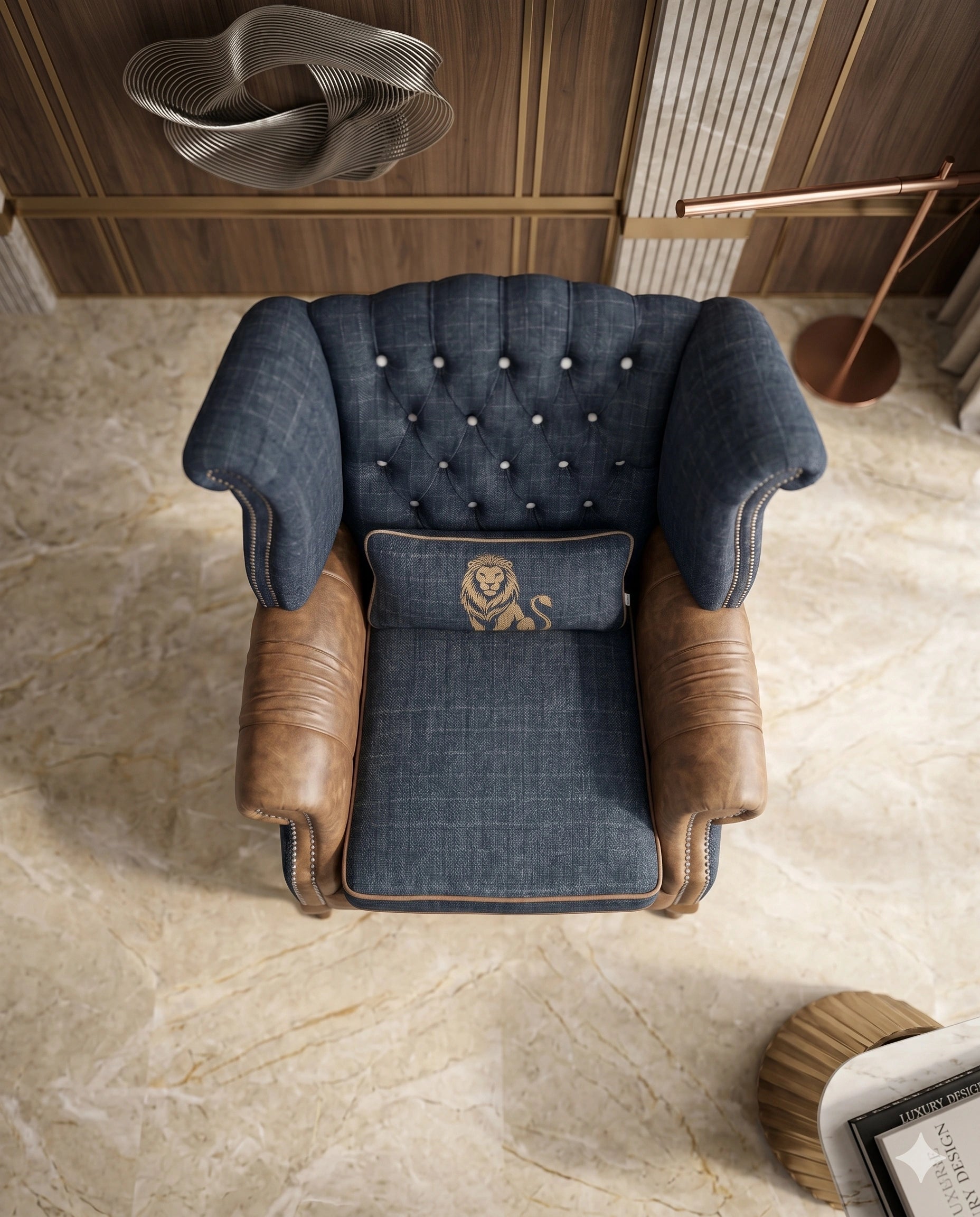 Heritage Tufted Navy & Leather Wingback Chair Arris Concepts