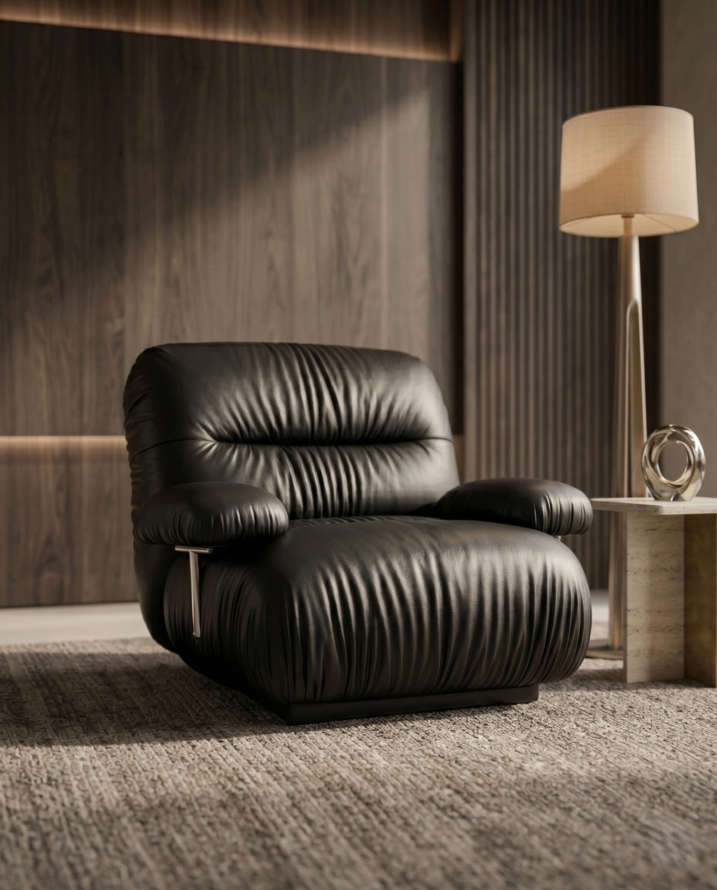 Postmodern Ruched Black Leather Armchair Arris Concepts