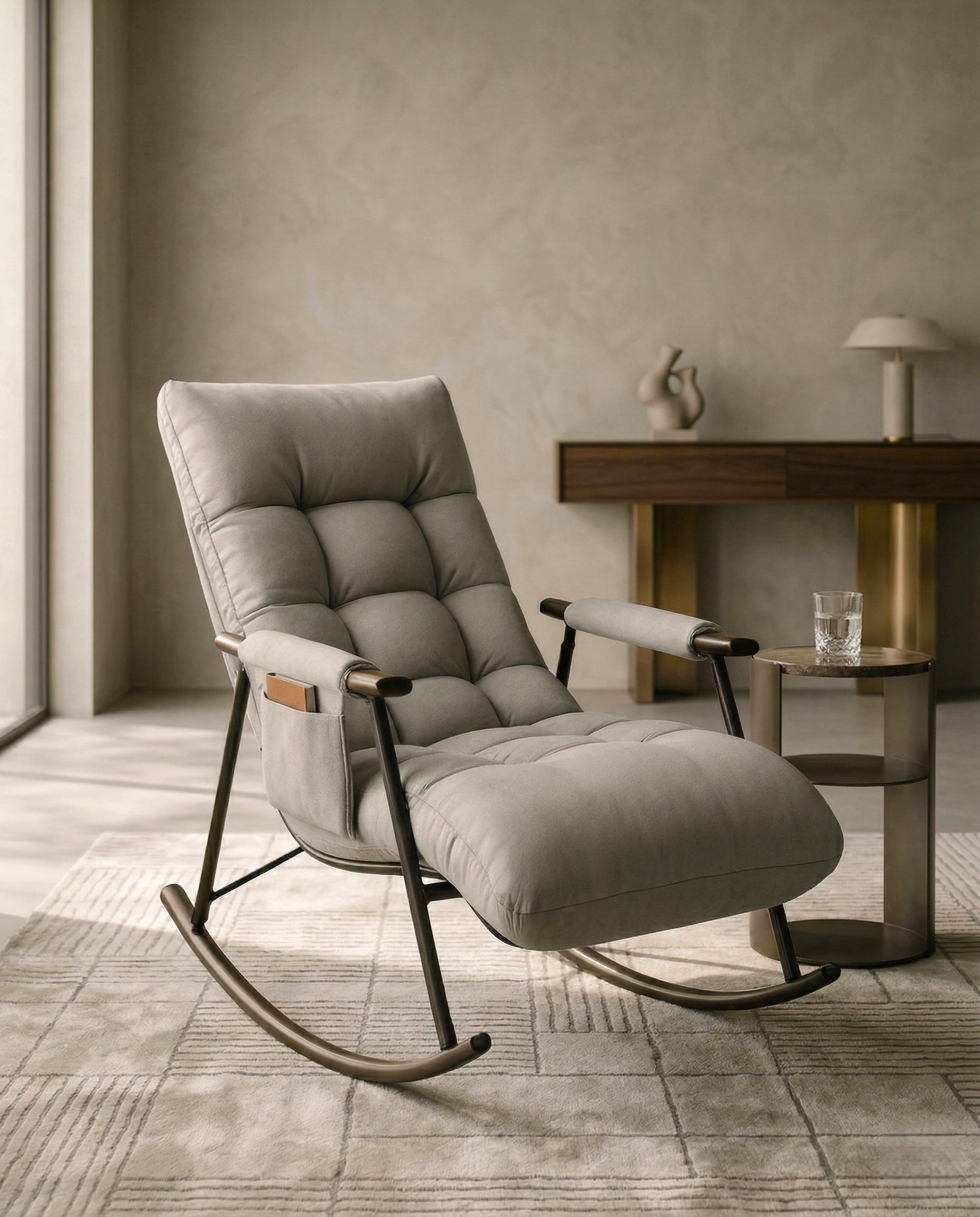 High-end living room seating and premium grey modern rocking chair crafted by Arris Concepts Luxury Pvt. Ltd.