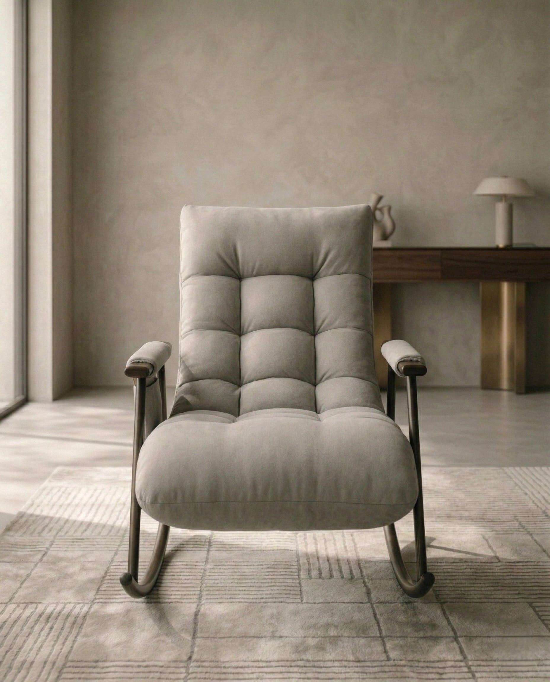 High-end living room seating and premium grey modern rocking chair crafted by Arris Concepts Luxury Pvt. Ltd.