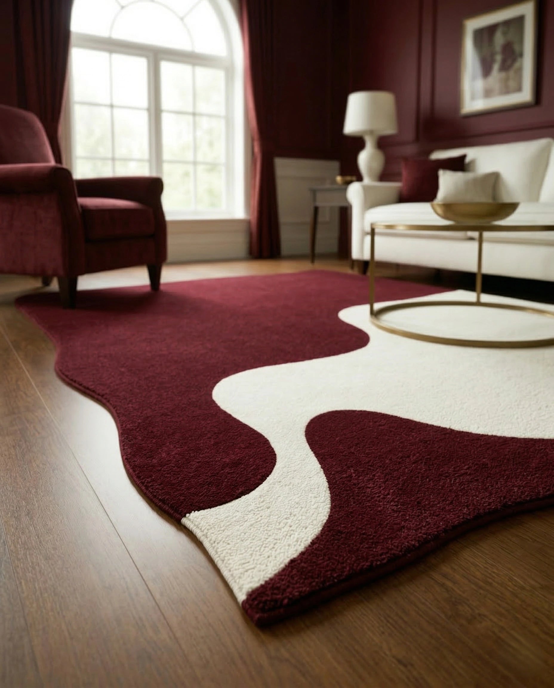 Masterfully crafted premium asymmetrical floor rug in a modern living room by Arris Concepts