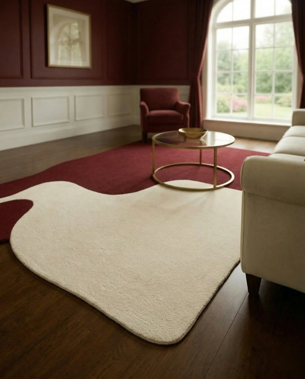 Masterfully crafted premium asymmetrical floor rug in a modern living room by Arris Concepts