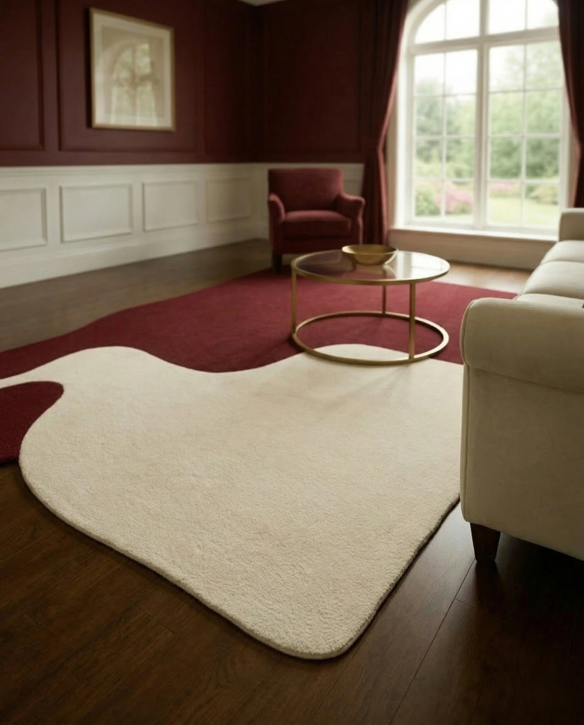 Masterfully crafted premium asymmetrical floor rug in a modern living room by Arris Concepts