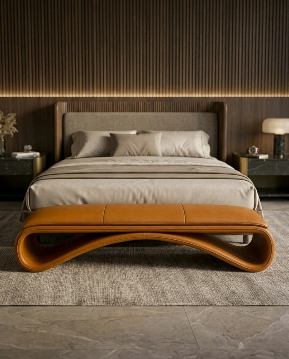 Sculptural Wave Cognac Leather Bed Bench Arris Concepts