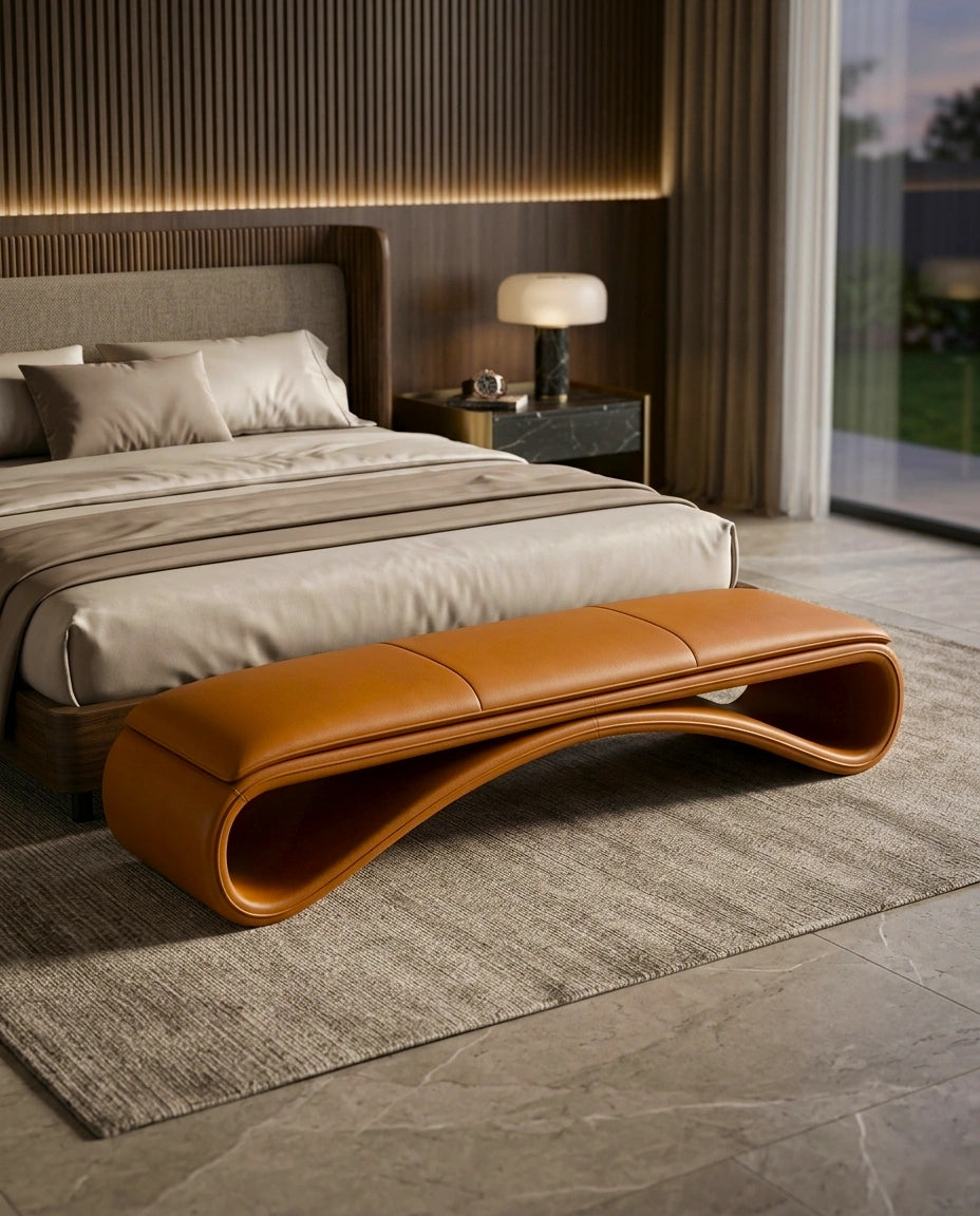 Sculptural Wave Cognac Leather Bed Bench Arris Concepts