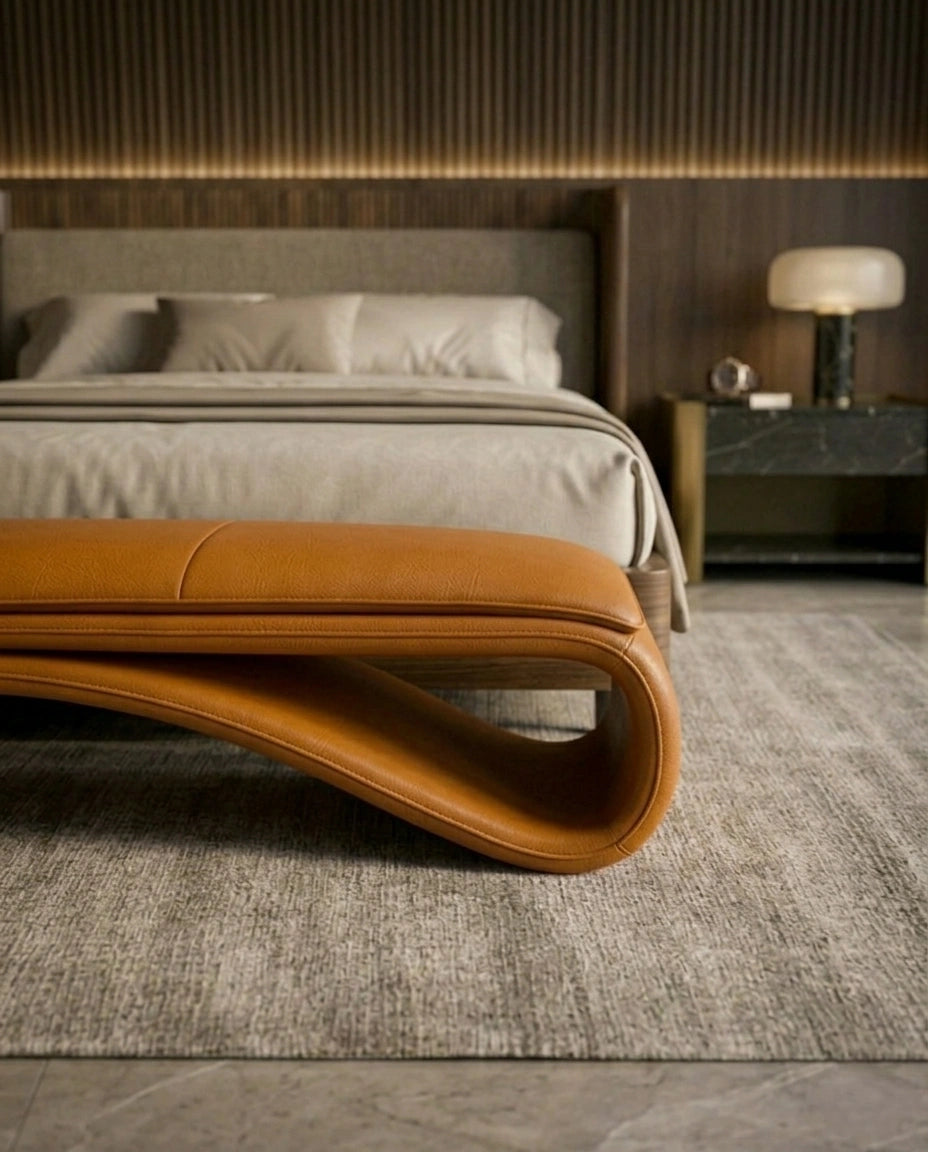 Sculptural Wave Cognac Leather Bed Bench Arris Concepts