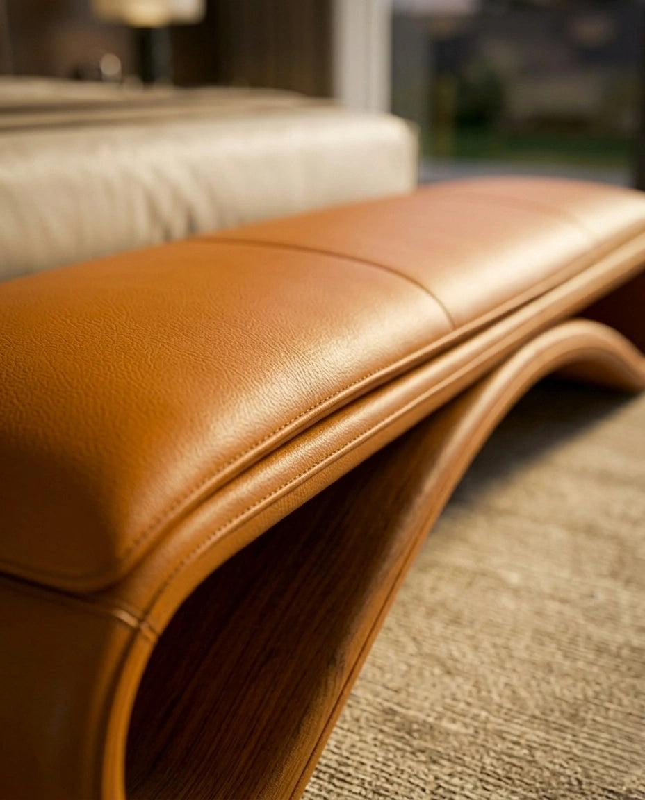Sculptural Wave Cognac Leather Bed Bench Arris Concepts