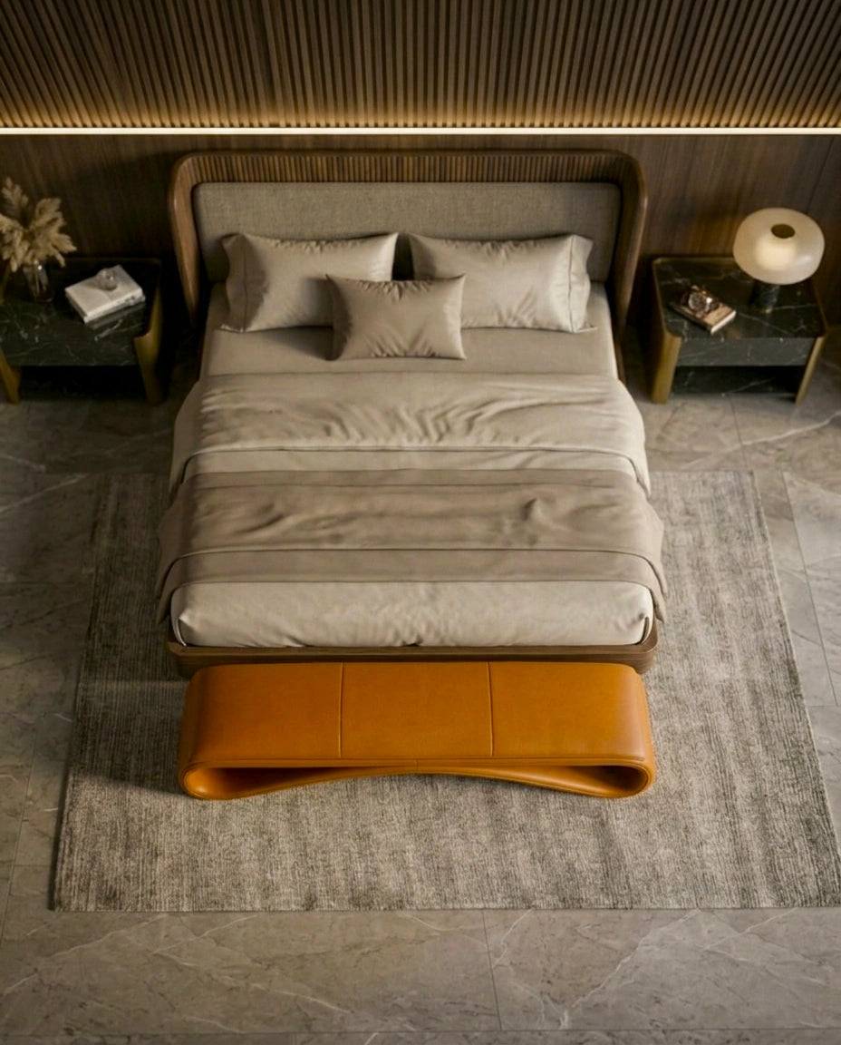 Sculptural Wave Cognac Leather Bed Bench Arris Concepts