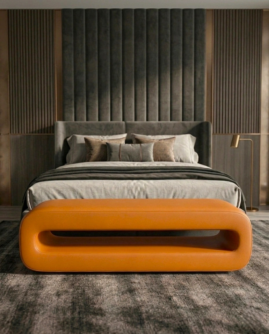 Sculptural Hollow Cognac Leather Bed Bench Arris Concepts