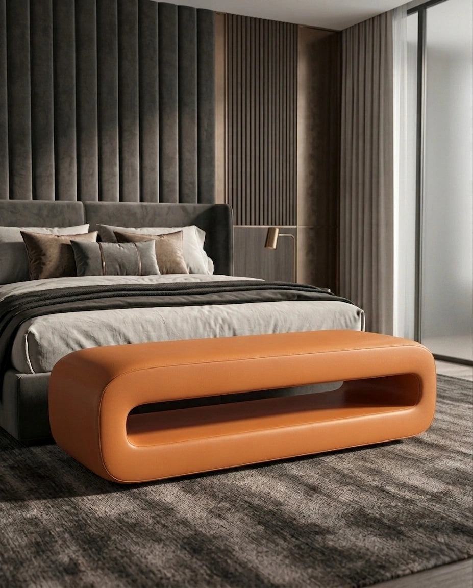 Sculptural Hollow Cognac Leather Bed Bench Arris Concepts