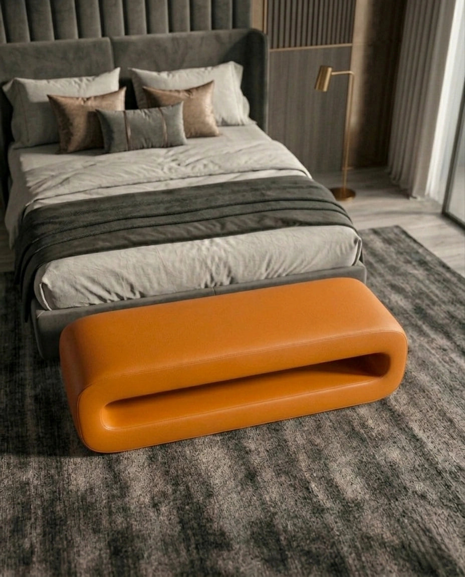Sculptural Hollow Cognac Leather Bed Bench Arris Concepts