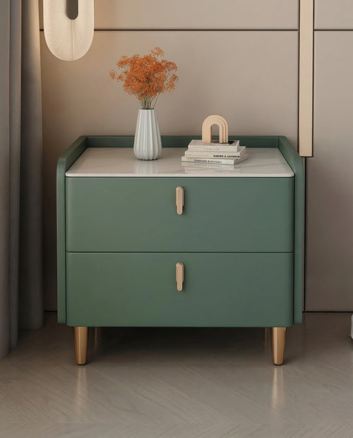 Masterfully crafted luxury modern green nightstand with marble top by Arris Concepts
