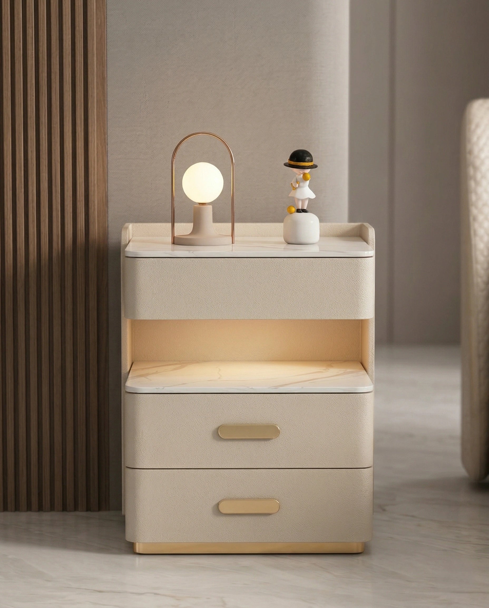 Beautiful modern leather accent table and premium cream marble side table crafted by Arris Concepts Luxury Pvt. Ltd.