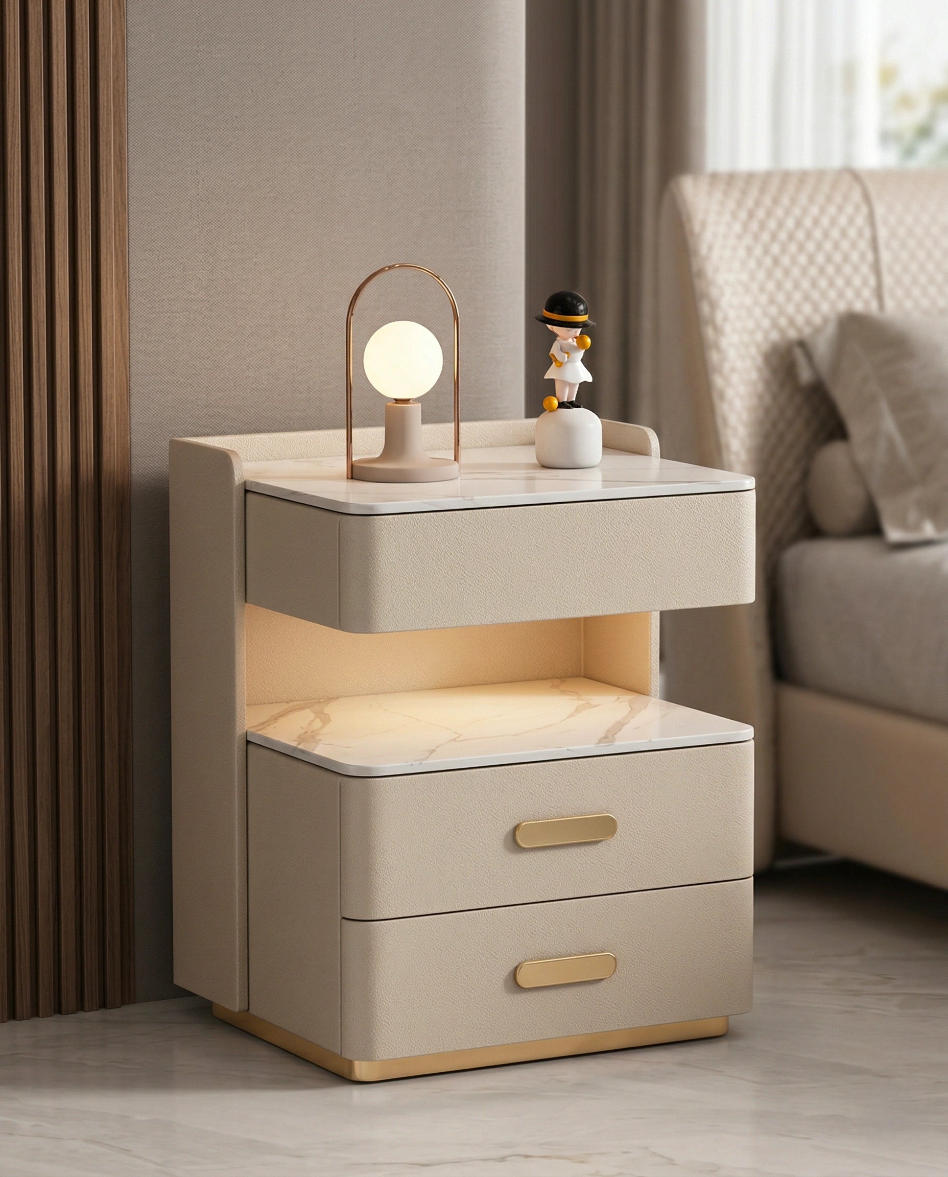 Beautiful modern leather accent table and premium cream marble side table crafted by Arris Concepts Luxury Pvt. Ltd.