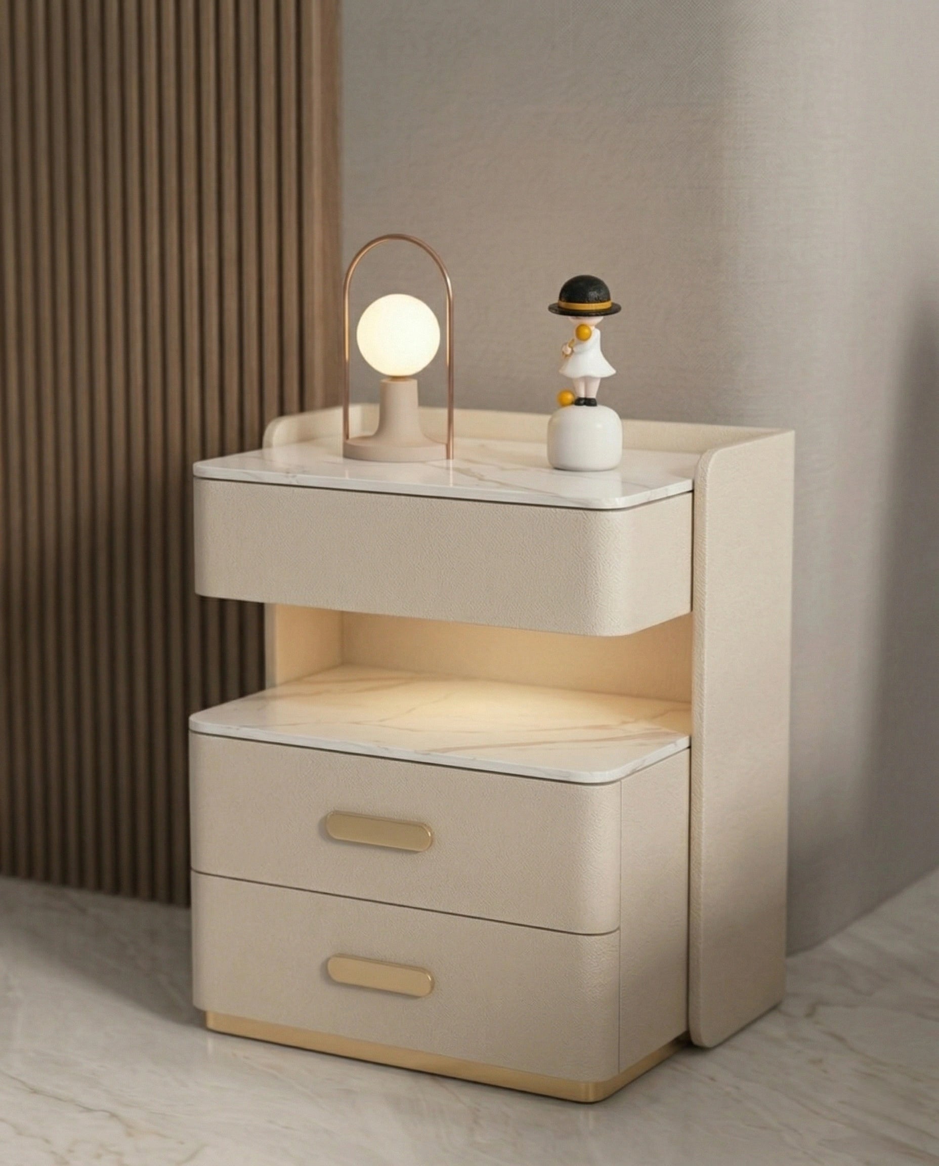 Beautiful modern leather accent table and premium cream marble side table crafted by Arris Concepts Luxury Pvt. Ltd.