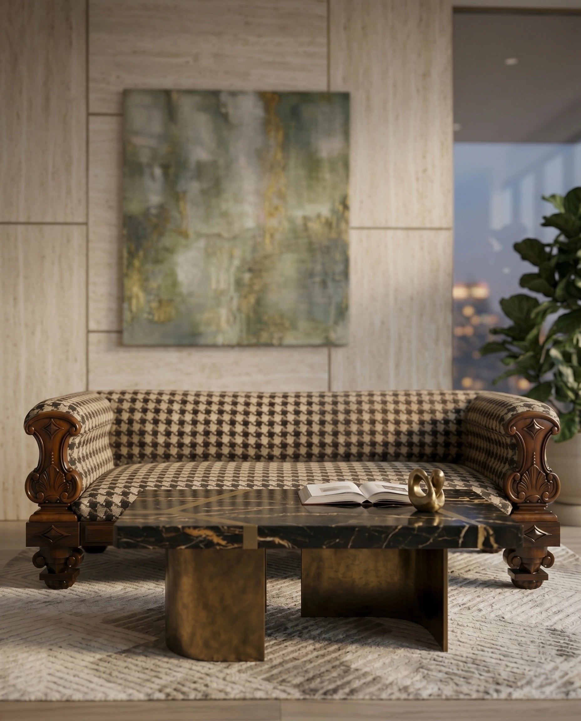 Heritage Carved Wood & Houndstooth Rolled Arm Sofa Arris Concepts