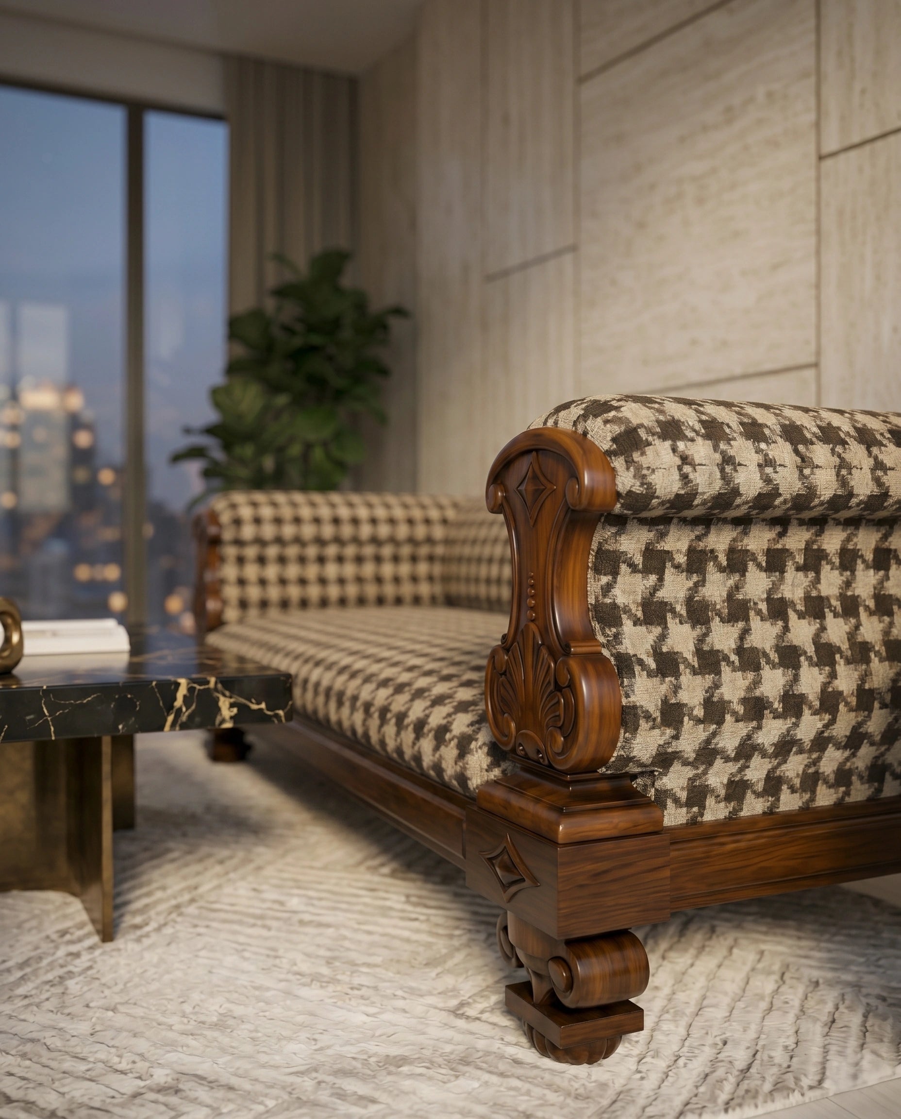 Heritage Carved Wood & Houndstooth Rolled Arm Sofa Arris Concepts
