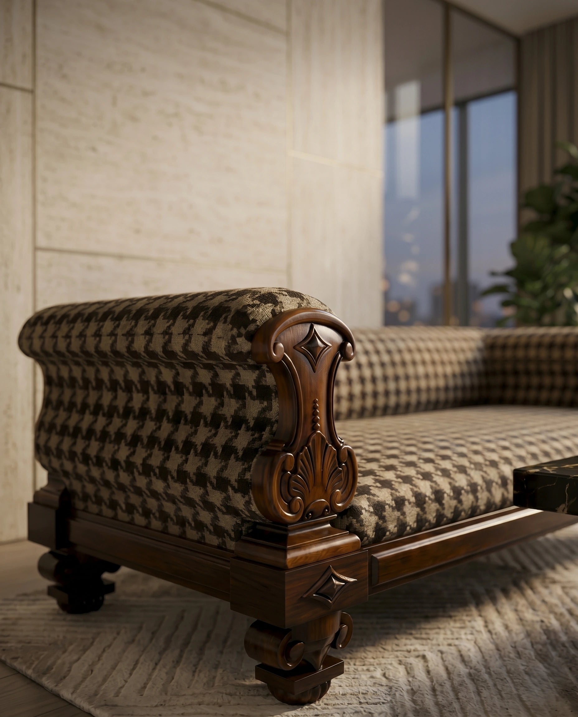 Heritage Carved Wood & Houndstooth Rolled Arm Sofa Arris Concepts
