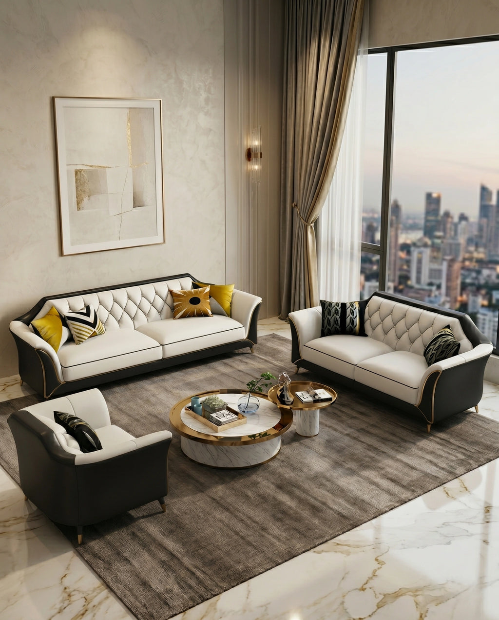 Modern Diamond Tufted Two-Tone 3-Piece Sofa Set Arris Concepts