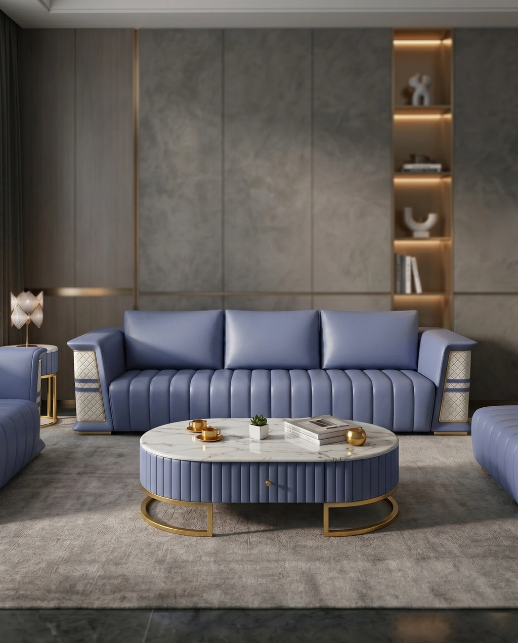 Art Deco Navy & Quilted Cream 3-Piece Sofa Set Arris Concepts
