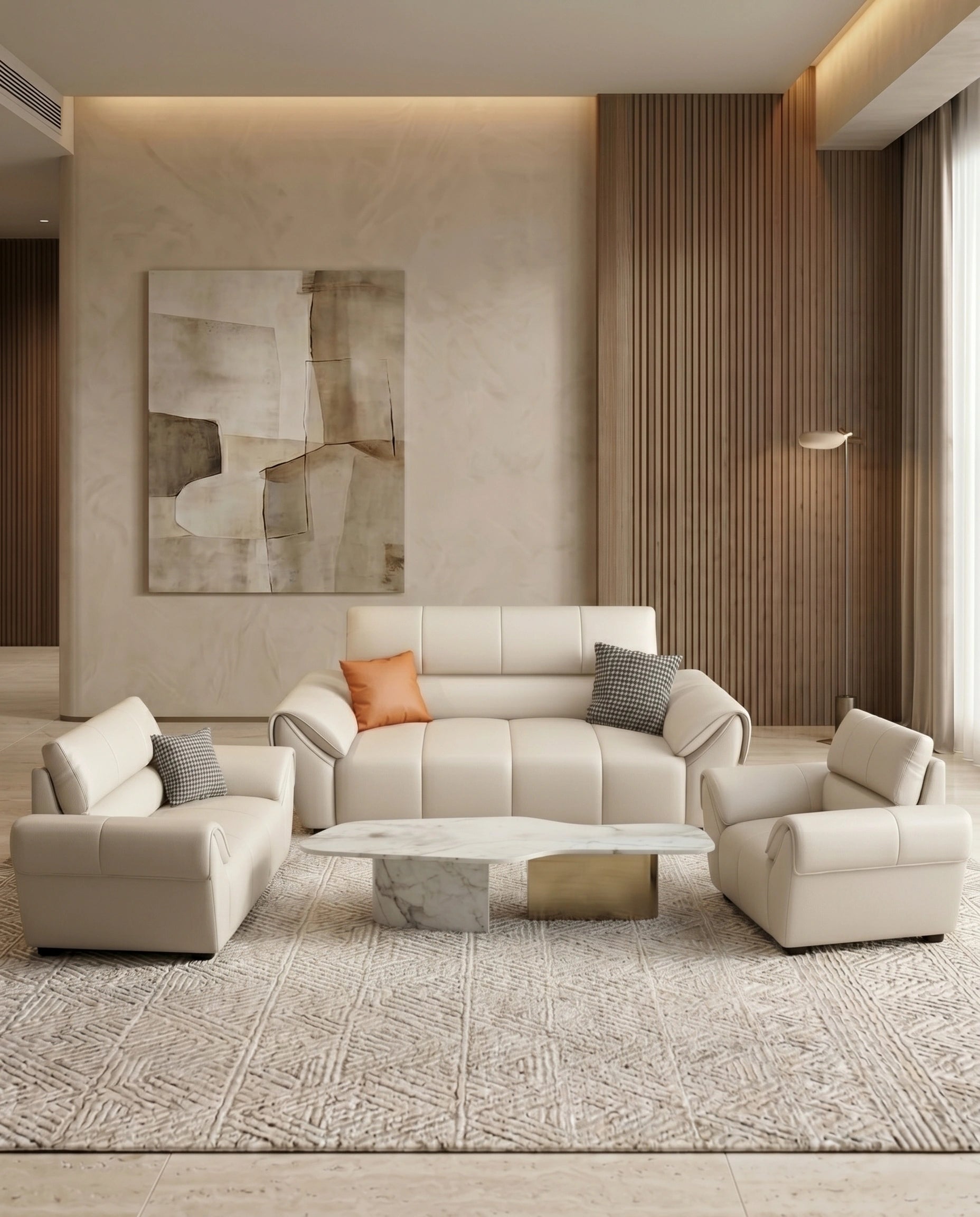 Contemporary Cream Leather 3-Piece Sofa Set Arris Concepts