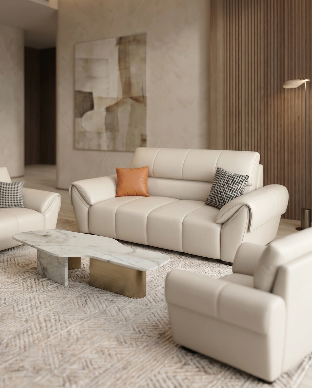 Contemporary Cream Leather 3-Piece Sofa Set Arris Concepts
