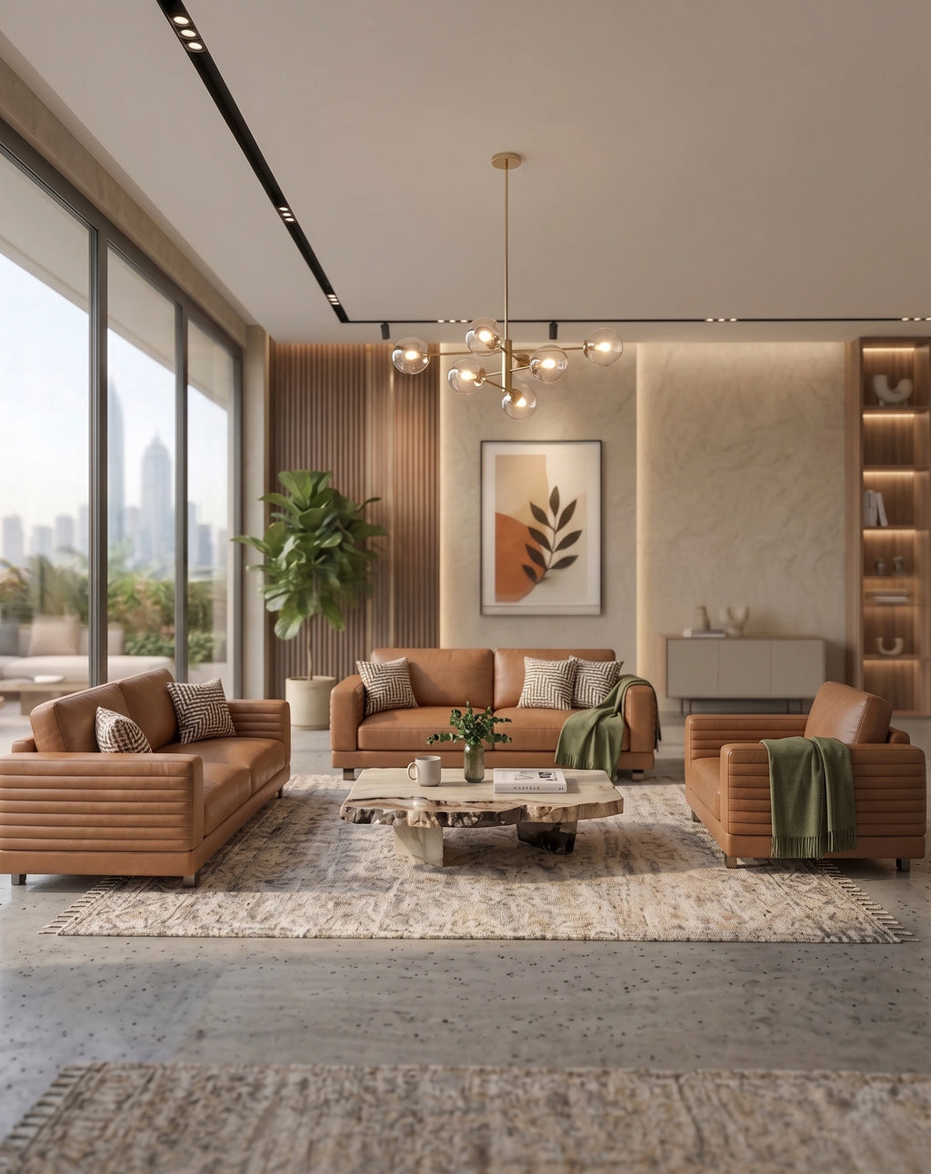Modern Cognac Leather Ribbed 3-Piece Sofa Set Arris Concepts