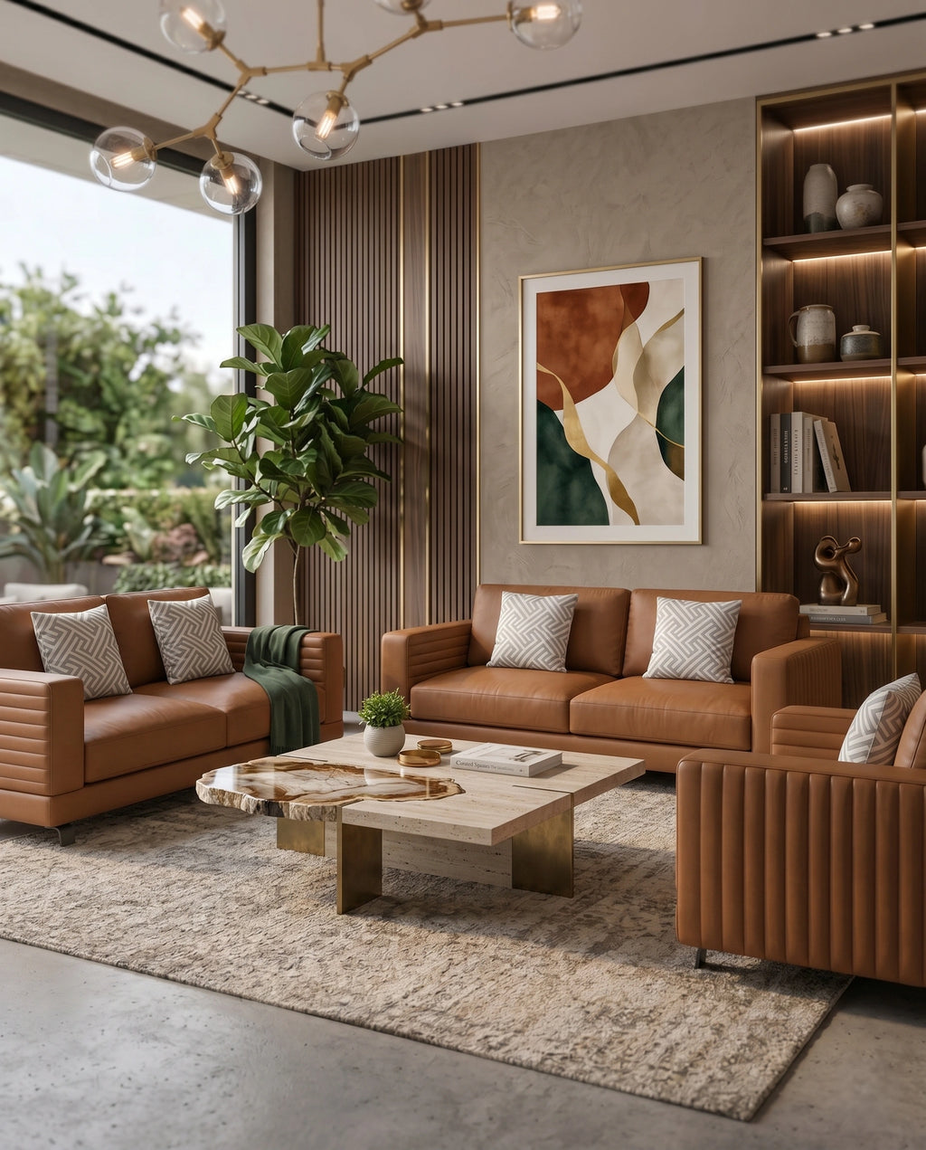 Modern Cognac Leather Ribbed 3-Piece Sofa Set Arris Concepts