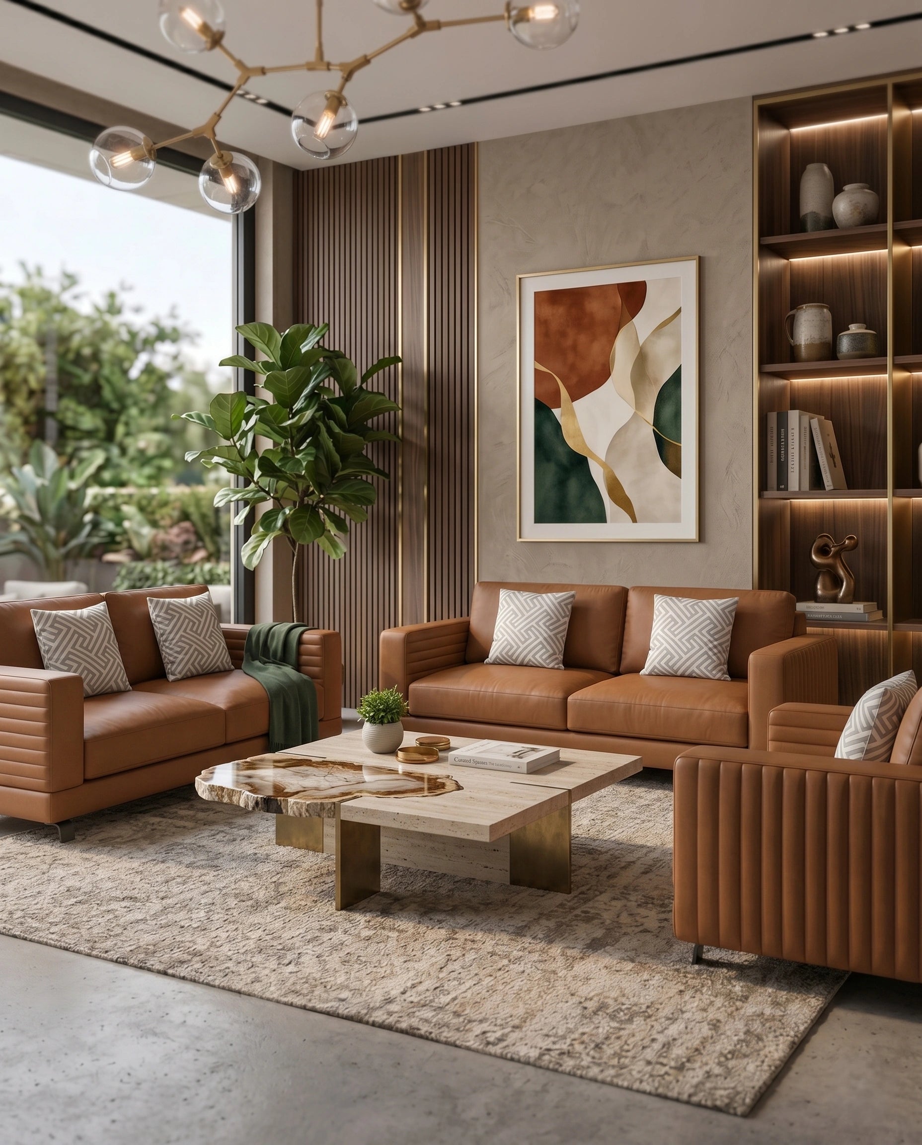 Modern Cognac Leather Ribbed 3-Piece Sofa Set Arris Concepts