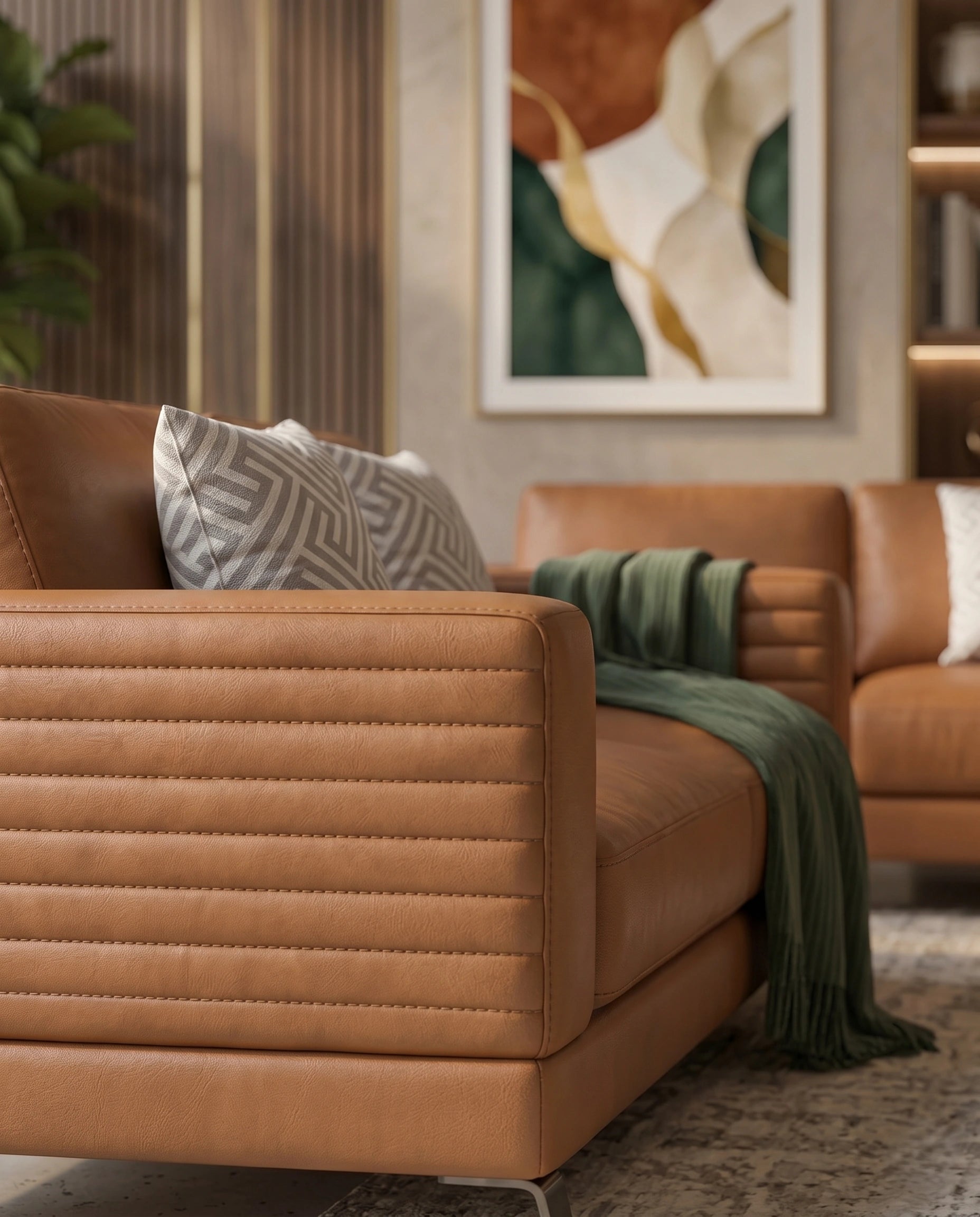 Modern Cognac Leather Ribbed 3-Piece Sofa Set Arris Concepts
