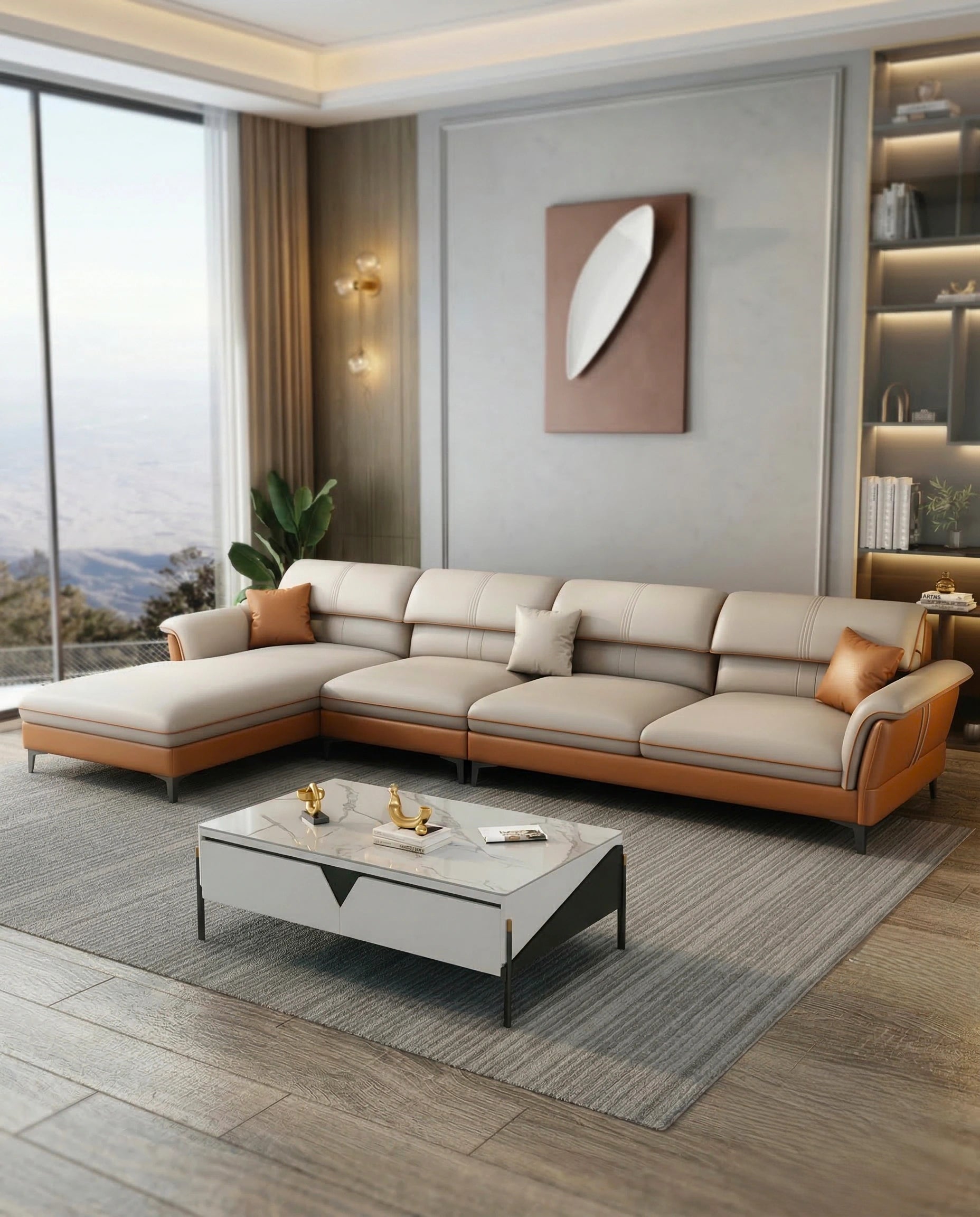 Beautiful premium modern L shaped leather couch crafted by Arris Concepts Luxury Pvt. Ltd.