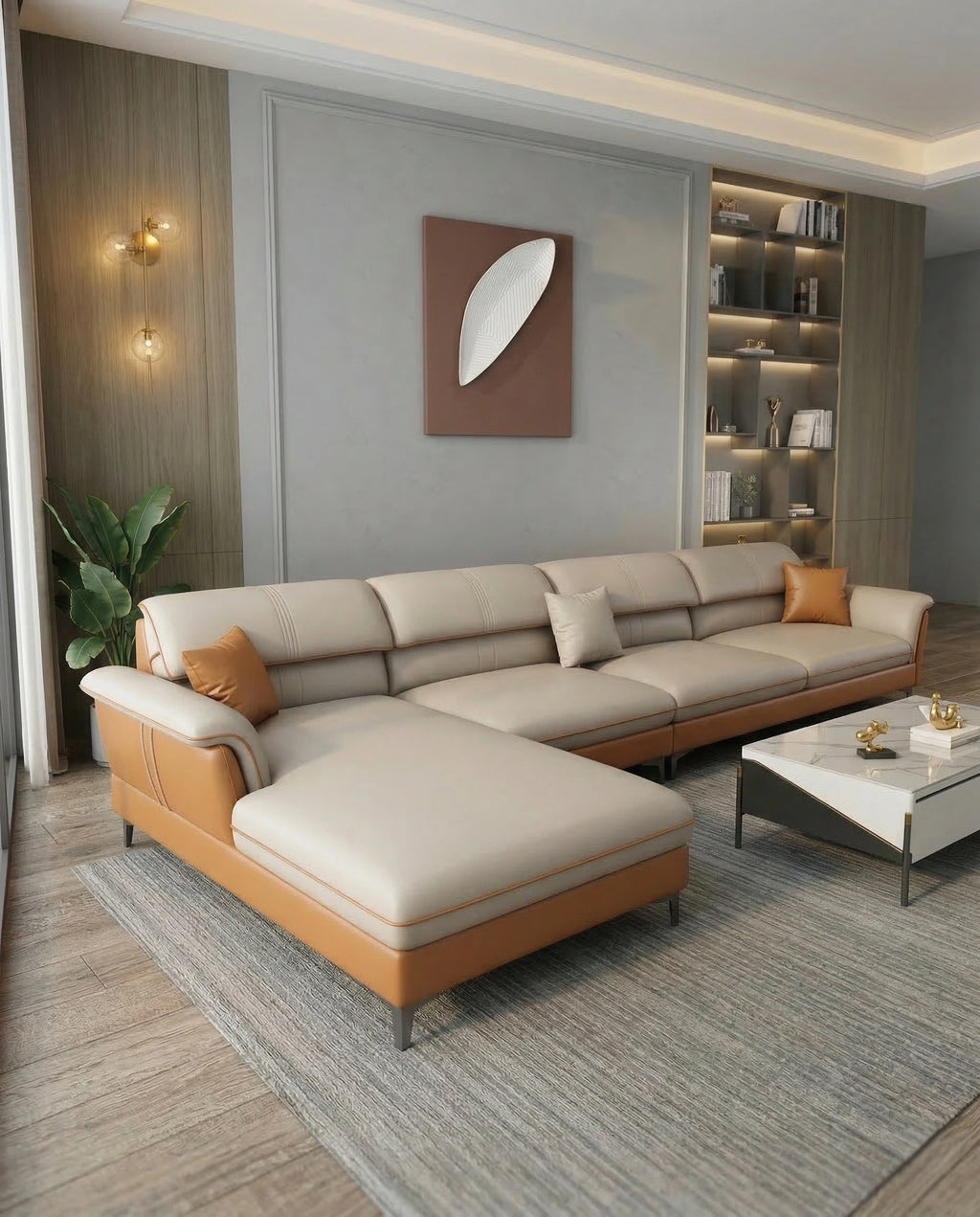 Beautiful premium modern L shaped leather couch crafted by Arris Concepts Luxury Pvt. Ltd.