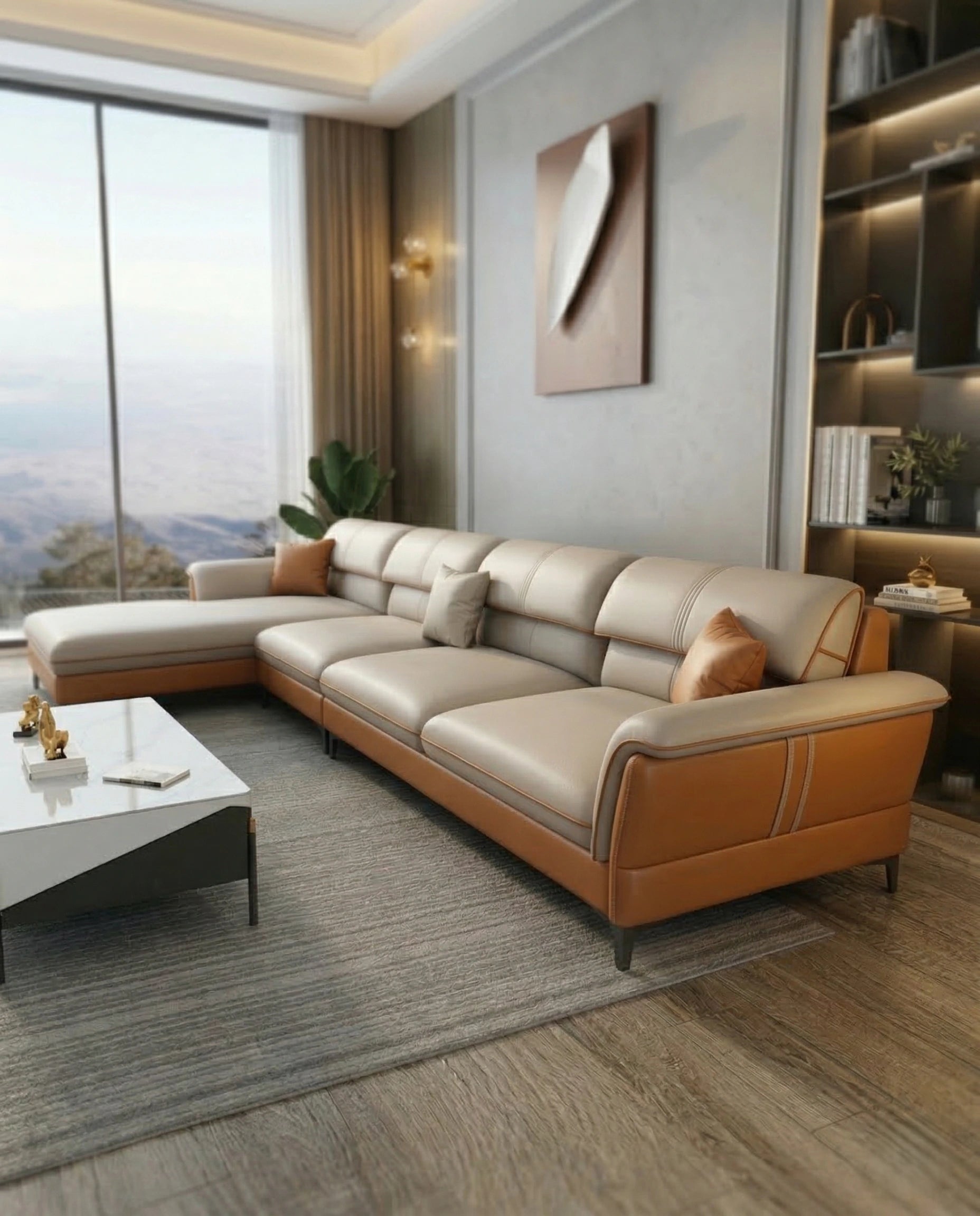 Beautiful premium modern L shaped leather couch crafted by Arris Concepts Luxury Pvt. Ltd.