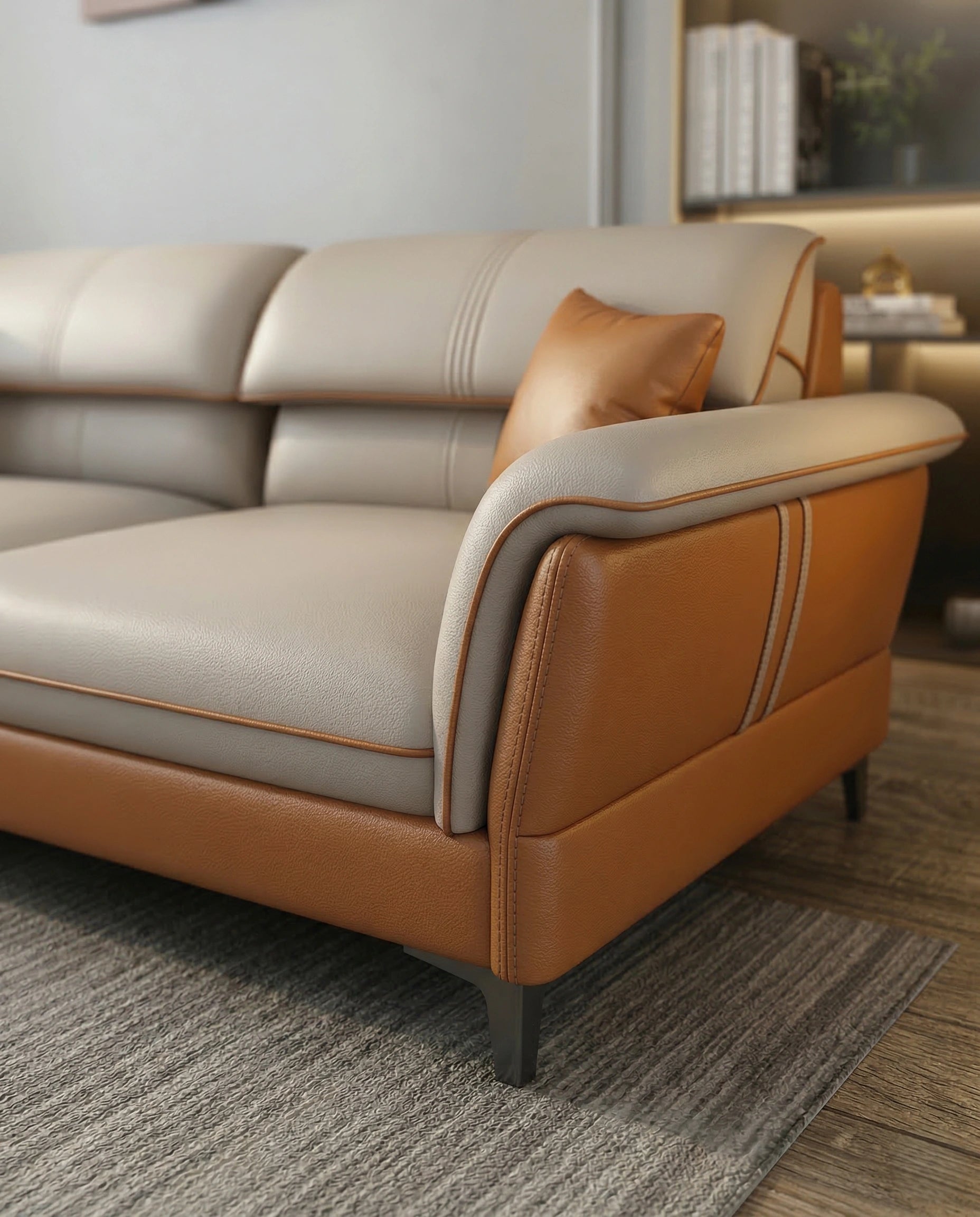 Beautiful premium modern L shaped leather couch crafted by Arris Concepts Luxury Pvt. Ltd.