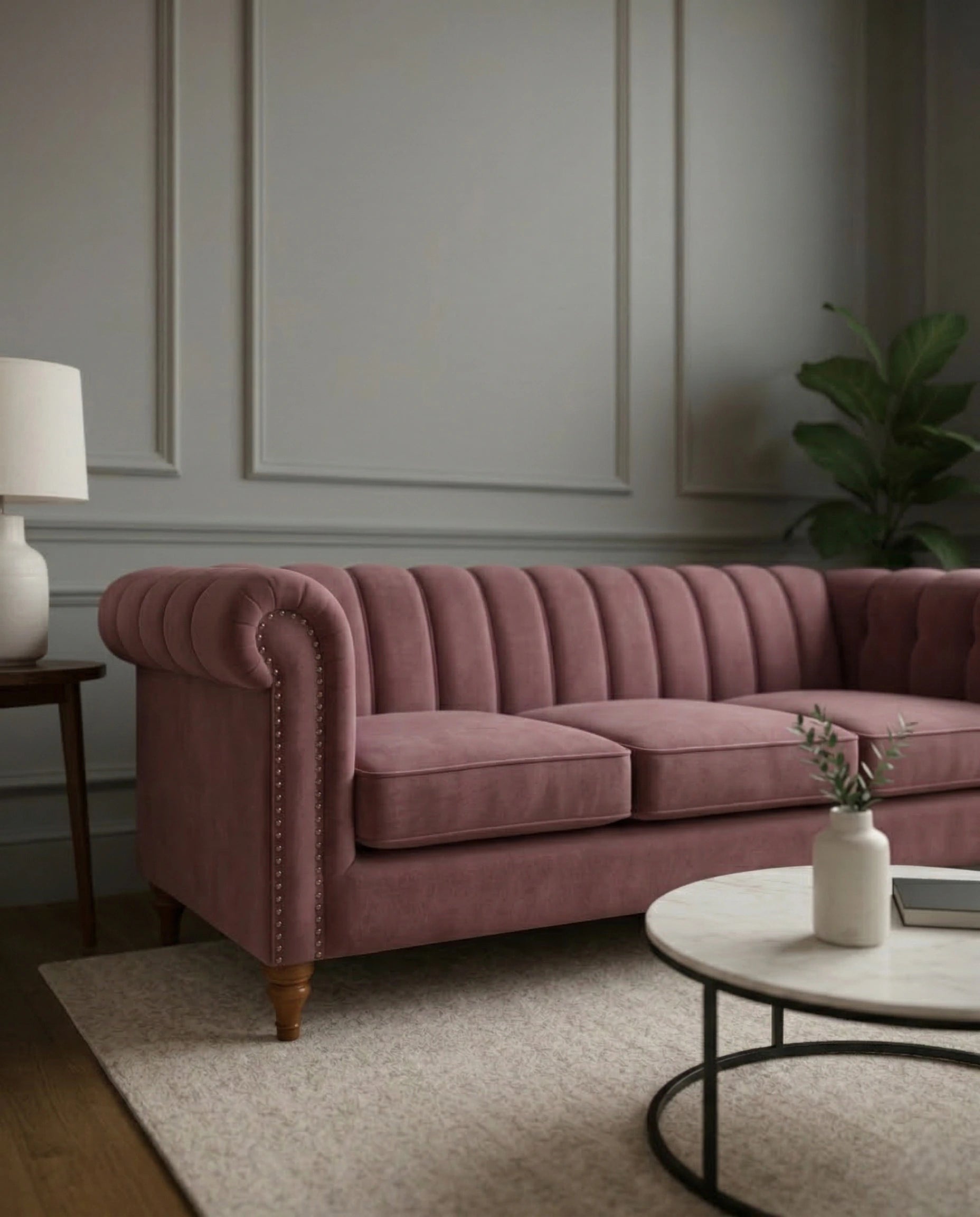 Beautiful premium mauve velvet chesterfield sofa crafted by Arris Concepts Luxury Pvt. Ltd.