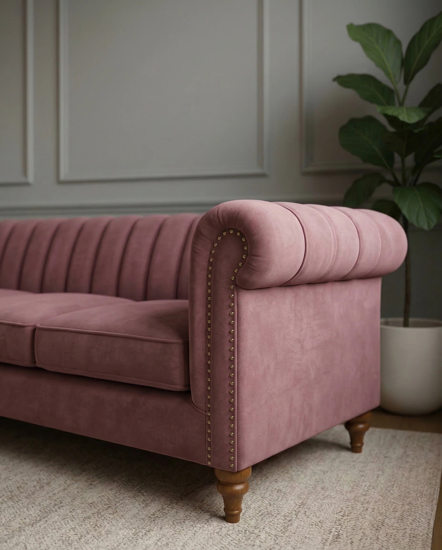 Beautiful premium mauve velvet chesterfield sofa crafted by Arris Concepts Luxury Pvt. Ltd.