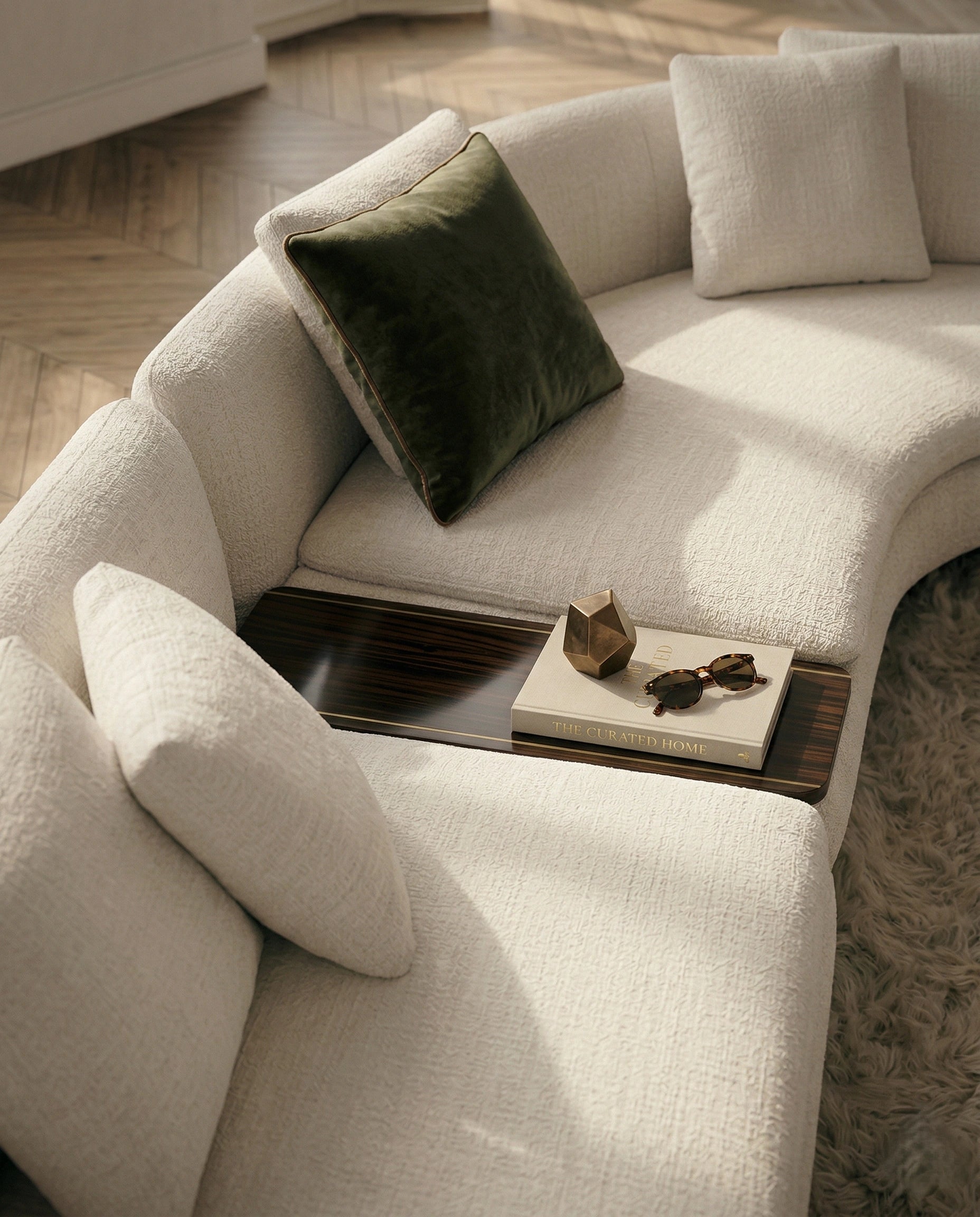 Beautiful premium curved boucle sofa with wood table crafted by Arris Concepts Luxury Pvt. Ltd.