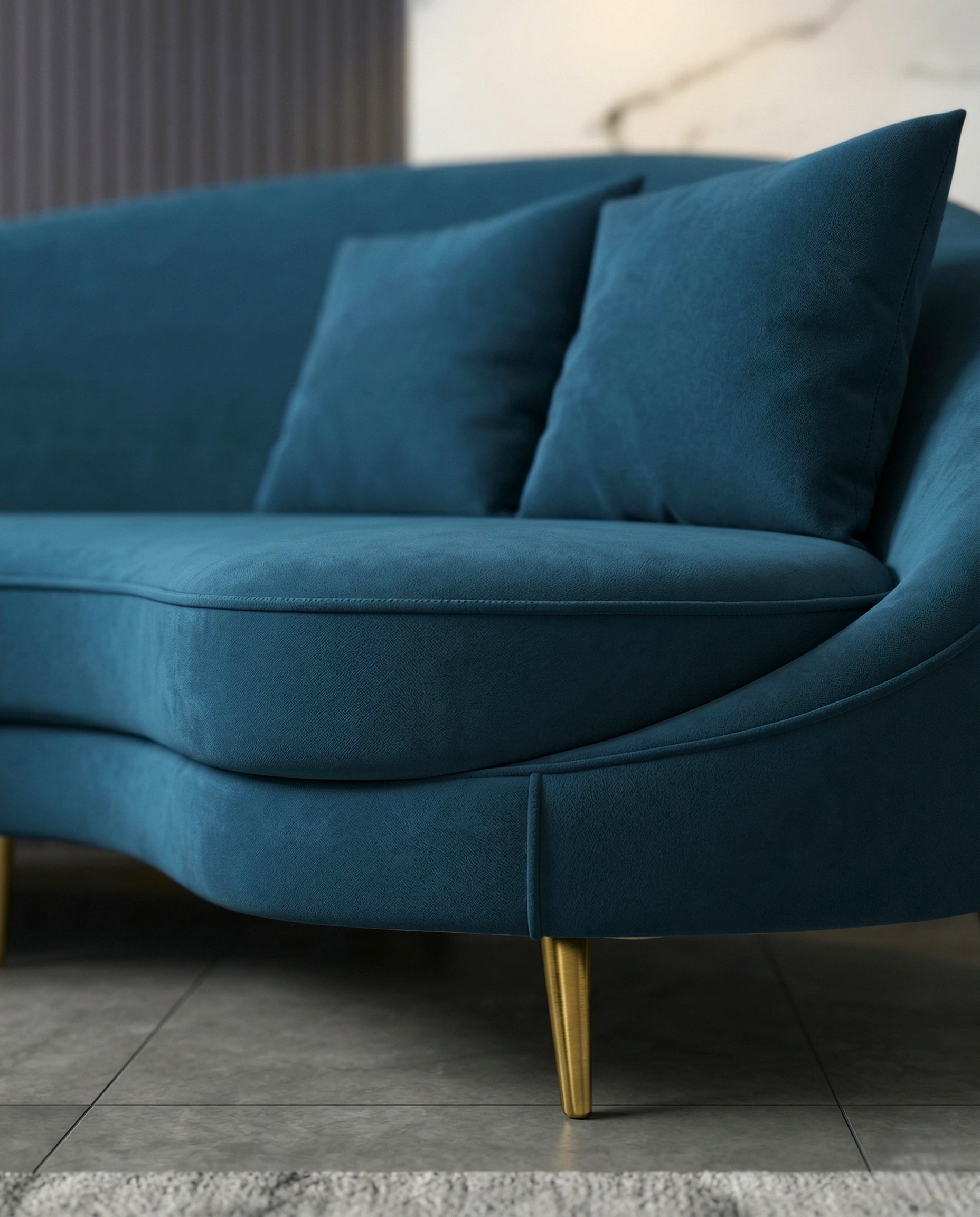 Beautiful premium curved teal velvet sofa crafted by Arris Concepts Luxury Pvt. Ltd.