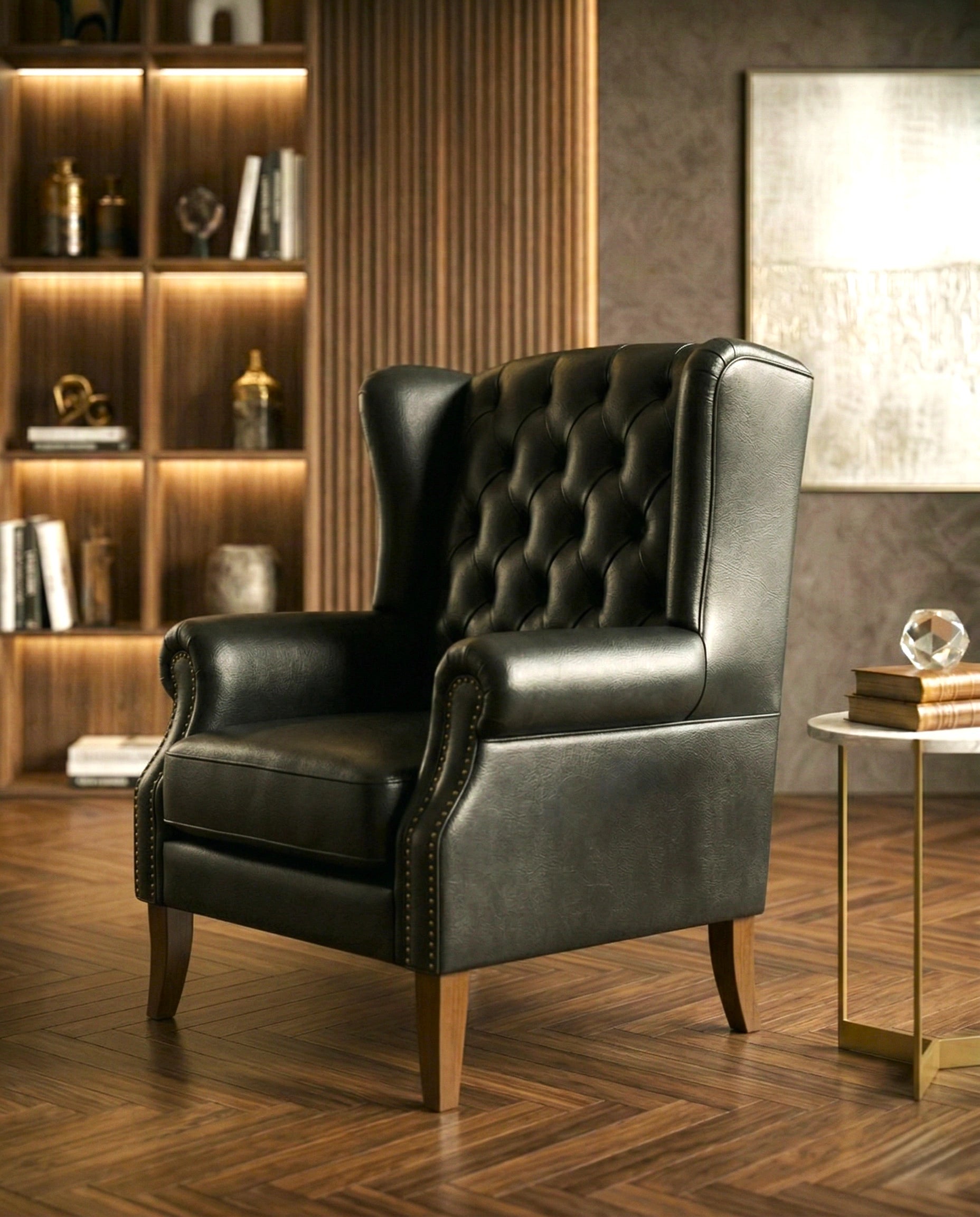 ACL Classic Black Leather Tufted Wingback Chair Arris Concepts