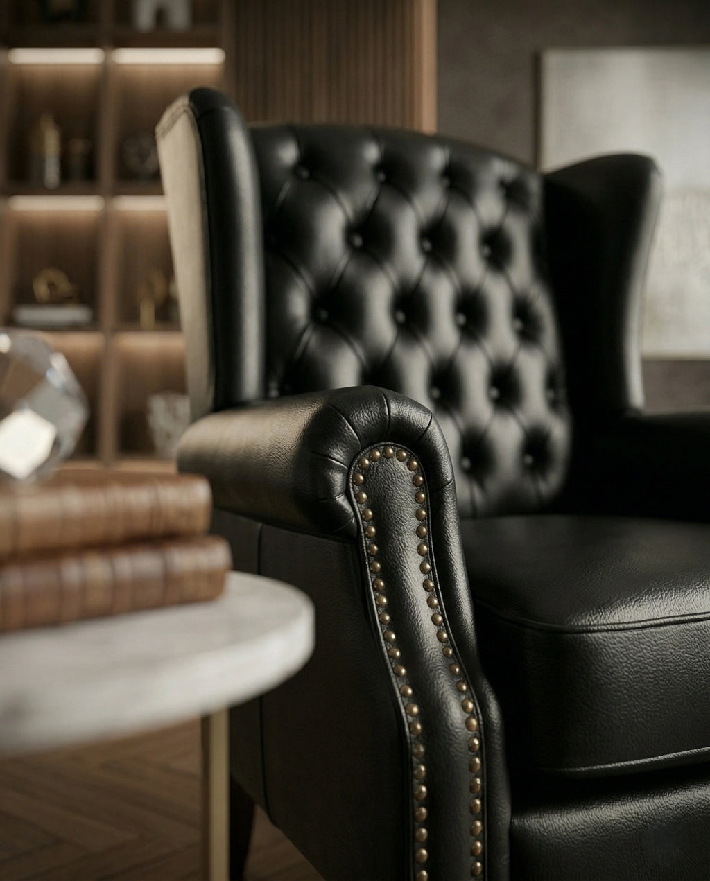 ACL Classic Black Leather Tufted Wingback Chair Arris Concepts
