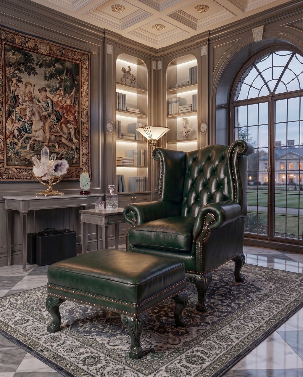 Heritage Emerald Green Leather Wingback Chair & Ottoman Arris Concepts