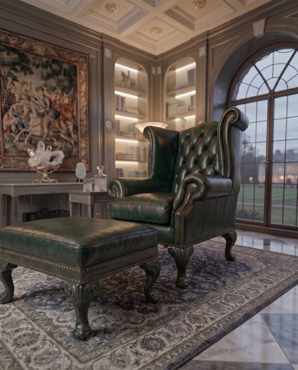 Heritage Emerald Green Leather Wingback Chair & Ottoman Arris Concepts