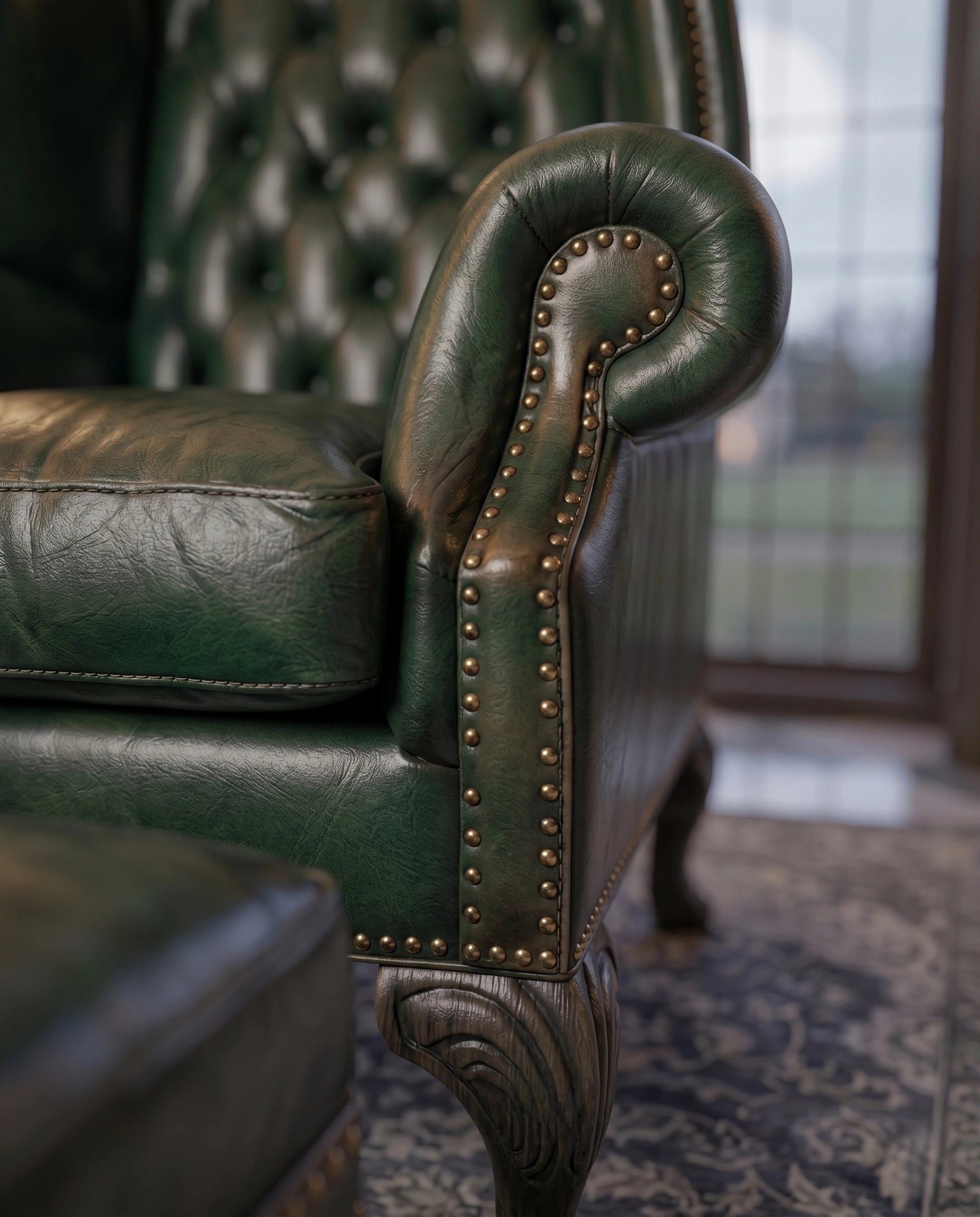 Heritage Emerald Green Leather Wingback Chair & Ottoman Arris Concepts